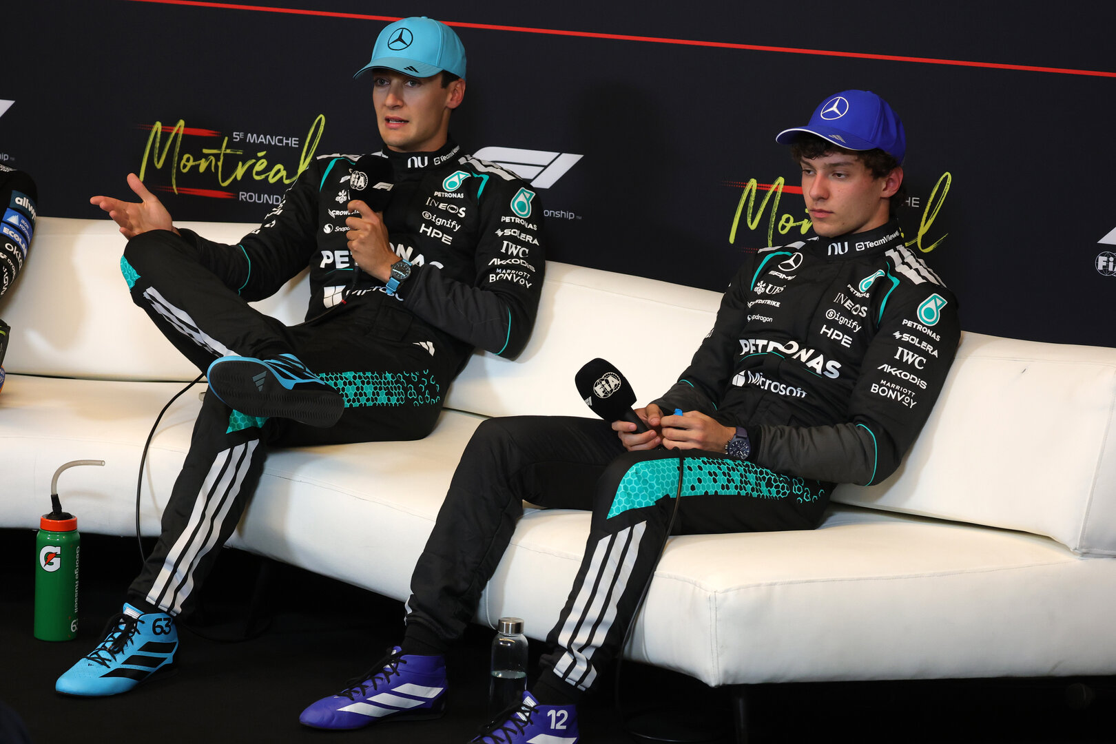 GP CANADA, (L to R): George Russell (GBR) Mercedes AMG Formula One Team e team mate Andrea Kimi Antonelli (ITA) Mercedes AMG Formula One Team in the post Sprint FIA Press Conference.
23.05.2026. Formula 1 World Championship, Rd 5, Canadian Grand Prix, Montreal, Canada, Sprint e Qualifiche Day.
- www.xpbimages.com, EMail: requests@xpbimages.com © Copyright: Moy / XPB Images