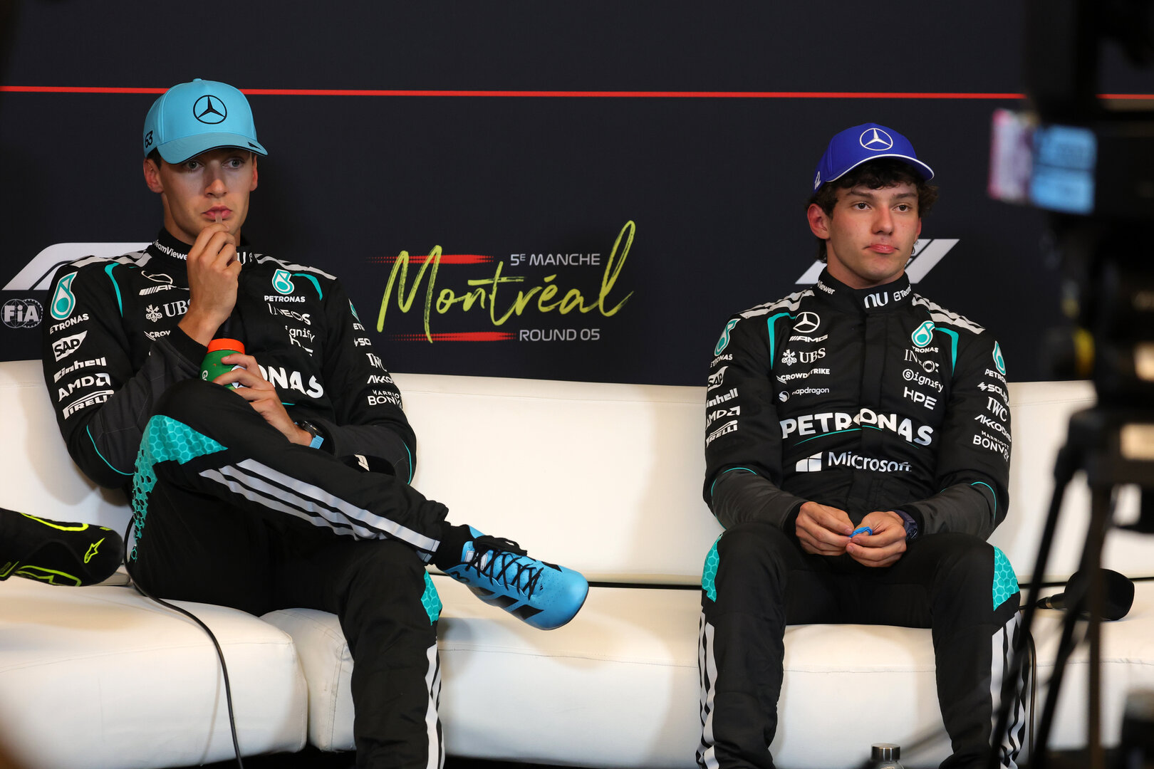 GP CANADA, (L to R): George Russell (GBR) Mercedes AMG Formula One Team e team mate Andrea Kimi Antonelli (ITA) Mercedes AMG Formula One Team in the post Sprint FIA Press Conference.
23.05.2026. Formula 1 World Championship, Rd 5, Canadian Grand Prix, Montreal, Canada, Sprint e Qualifiche Day.
- www.xpbimages.com, EMail: requests@xpbimages.com © Copyright: Moy / XPB Images