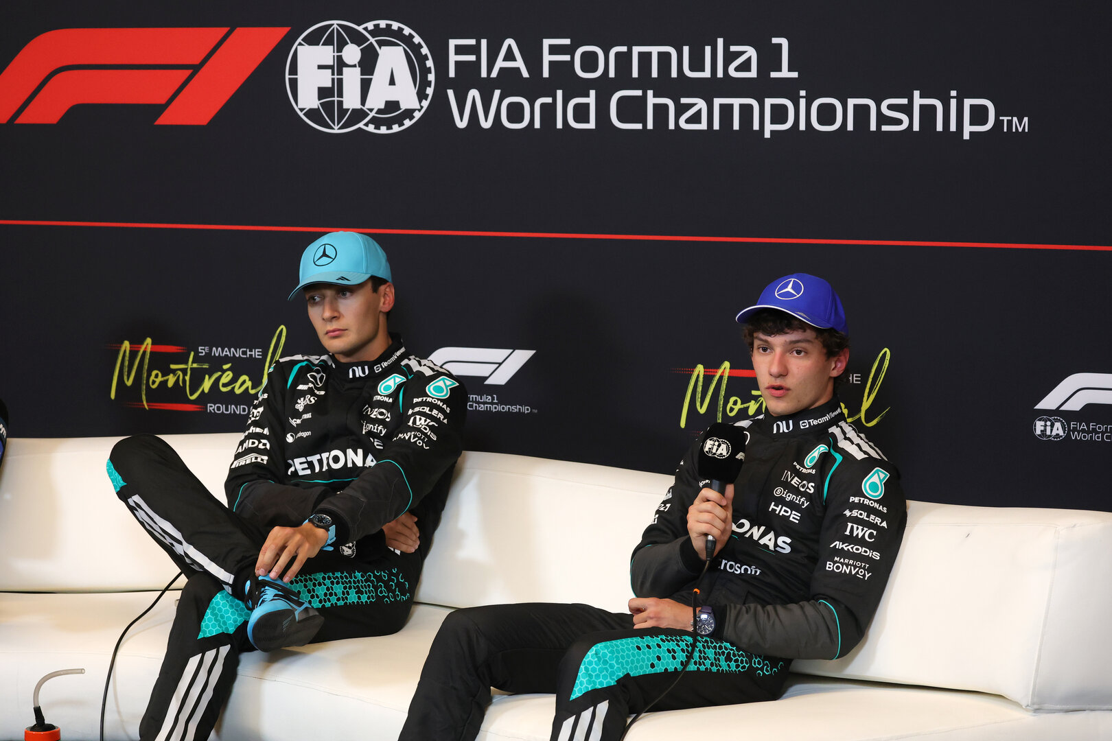 GP CANADA, (L to R): George Russell (GBR) Mercedes AMG Formula One Team e team mate Andrea Kimi Antonelli (ITA) Mercedes AMG Formula One Team in the post Sprint FIA Press Conference.
23.05.2026. Formula 1 World Championship, Rd 5, Canadian Grand Prix, Montreal, Canada, Sprint e Qualifiche Day.
- www.xpbimages.com, EMail: requests@xpbimages.com © Copyright: Moy / XPB Images