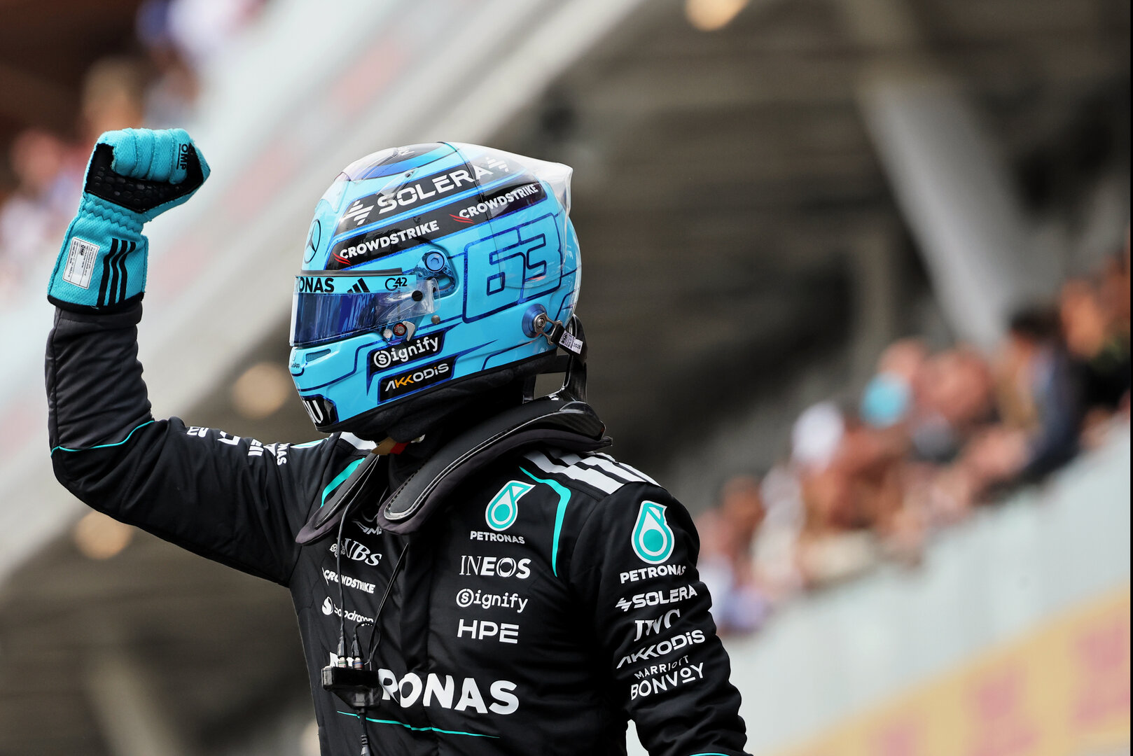 GP CANADA, George Russell (GBR) Mercedes AMG Formula One Team celebrates his pole position in qualifying parc ferme.
23.05.2026. Formula 1 World Championship, Rd 5, Canadian Grand Prix, Montreal, Canada, Sprint e Qualifiche Day.
- www.xpbimages.com, EMail: requests@xpbimages.com © Copyright: Charniaux / XPB Images