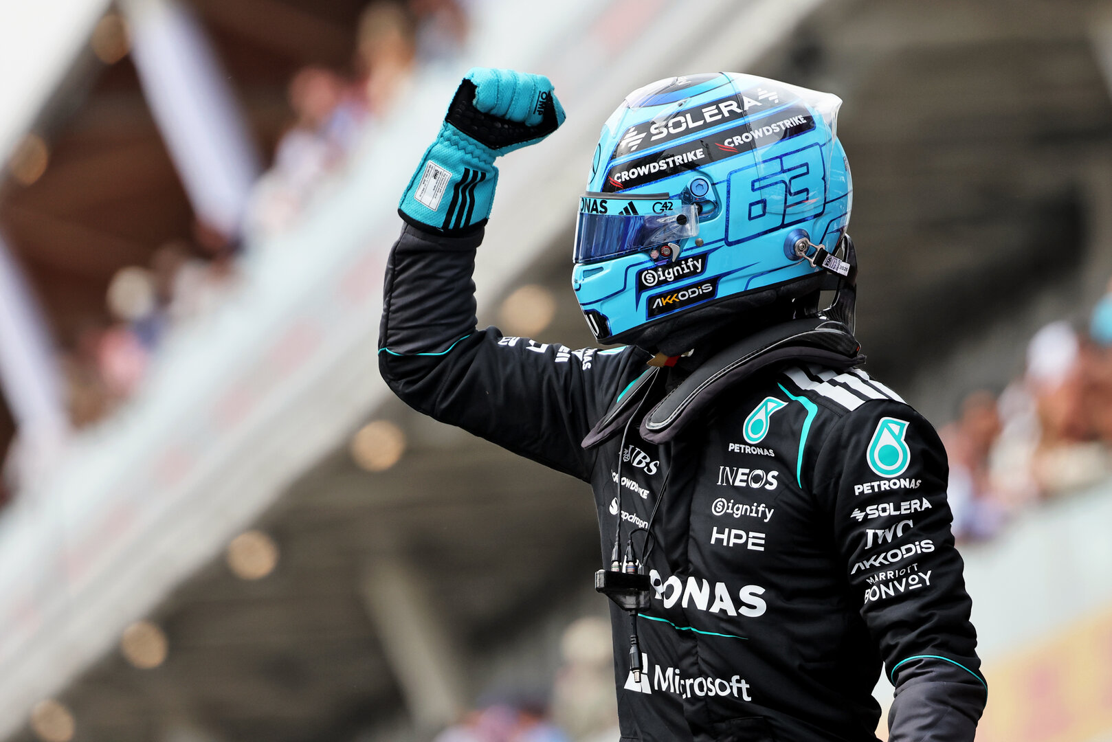 GP CANADA, George Russell (GBR) Mercedes AMG Formula One Team celebrates his pole position in qualifying parc ferme.
23.05.2026. Formula 1 World Championship, Rd 5, Canadian Grand Prix, Montreal, Canada, Sprint e Qualifiche Day.
- www.xpbimages.com, EMail: requests@xpbimages.com © Copyright: Charniaux / XPB Images