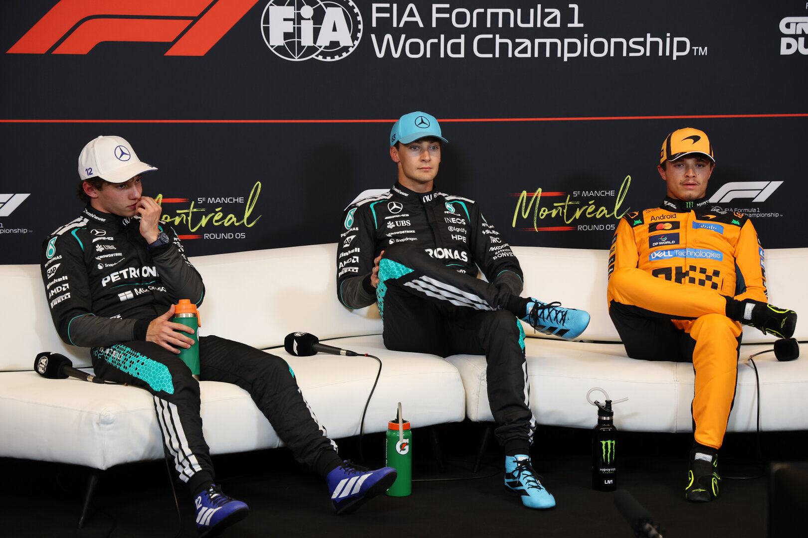 GP CANADA, (L to R): Andrea Kimi Antonelli (ITA) Mercedes AMG Formula One Team; George Russell (GBR) Mercedes AMG Formula One Team; e Lando Norris (GBR) McLaren F1 Team, in the post qualifying FIA Press Conference.
23.05.2026. Formula 1 World Championship, Rd 5, Canadian Grand Prix, Montreal, Canada, Sprint e Qualifiche Day.
- www.xpbimages.com, EMail: requests@xpbimages.com © Copyright: Batchelor / XPB Images