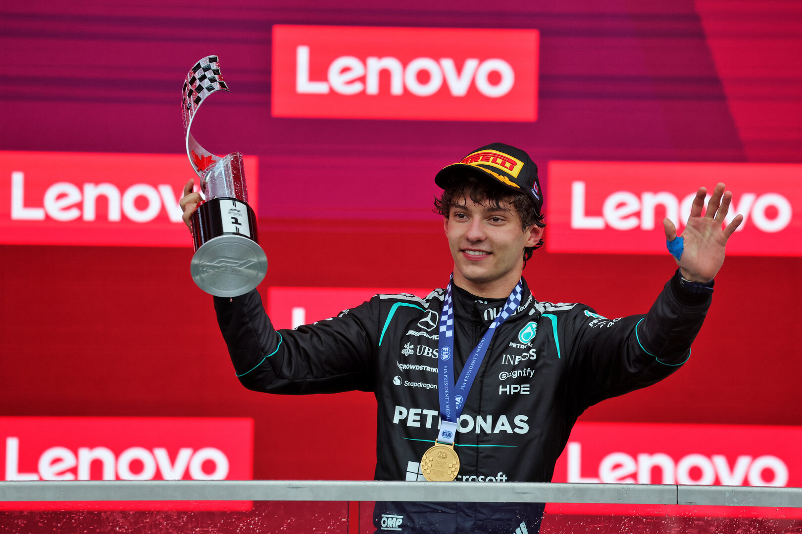 GP CANADA, Gara winner Andrea Kimi Antonelli (ITA) Mercedes AMG Formula One Team celebrates on the podium.
24.05.2026. Formula 1 World Championship, Rd 5, Canadian Grand Prix, Montreal, Canada, Gara Day.
- www.xpbimages.com, EMail: requests@xpbimages.com © Copyright: Moy / XPB Images