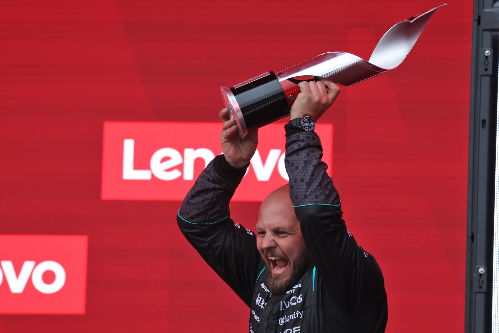 GP CANADA, Dean Hale (GBR) Mercedes AMG F1 Formula One Team Senior Travelling Composite Technician celebrates on the podium.
24.05.2026. Formula 1 World Championship, Rd 5, Canadian Grand Prix, Montreal, Canada, Gara Day.
 - www.xpbimages.com, EMail: requests@xpbimages.com © Copyright: Dunbar / XPB Images
