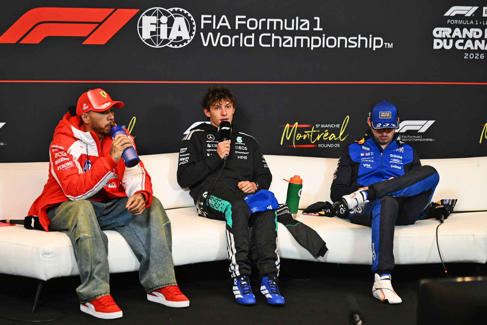 GP CANADA, (L to R): Lewis Hamilton (GBR) Ferrari; Andrea Kimi Antonelli (ITA) Mercedes AMG Formula One Team; e Max Verstappen (NLD) Red Bull Racing, in the post race FIA Press Conference.
24.05.2026. Formula 1 World Championship, Rd 5, Canadian Grand Prix, Montreal, Canada, Gara Day.
- www.xpbimages.com, EMail: requests@xpbimages.com © Copyright: Price / XPB Images