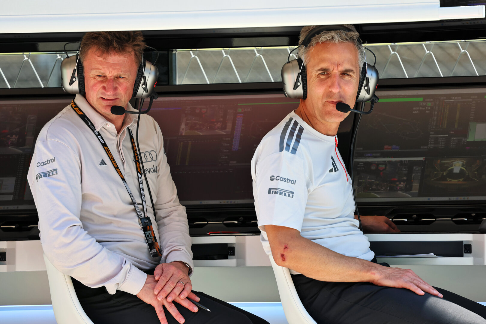 GP CATALUNYA, Allan McNish (GBR) Audi F1 Team Racing Director (Left).
12.06.2026. Formula 1 World Championship, Rd 7, Barcelona-Catalunya Grand Prix, Barcelona, Spain, Practice Day.
- www.xpbimages.com, EMail: requests@xpbimages.com © Copyright: Batchelor / XPB Images
