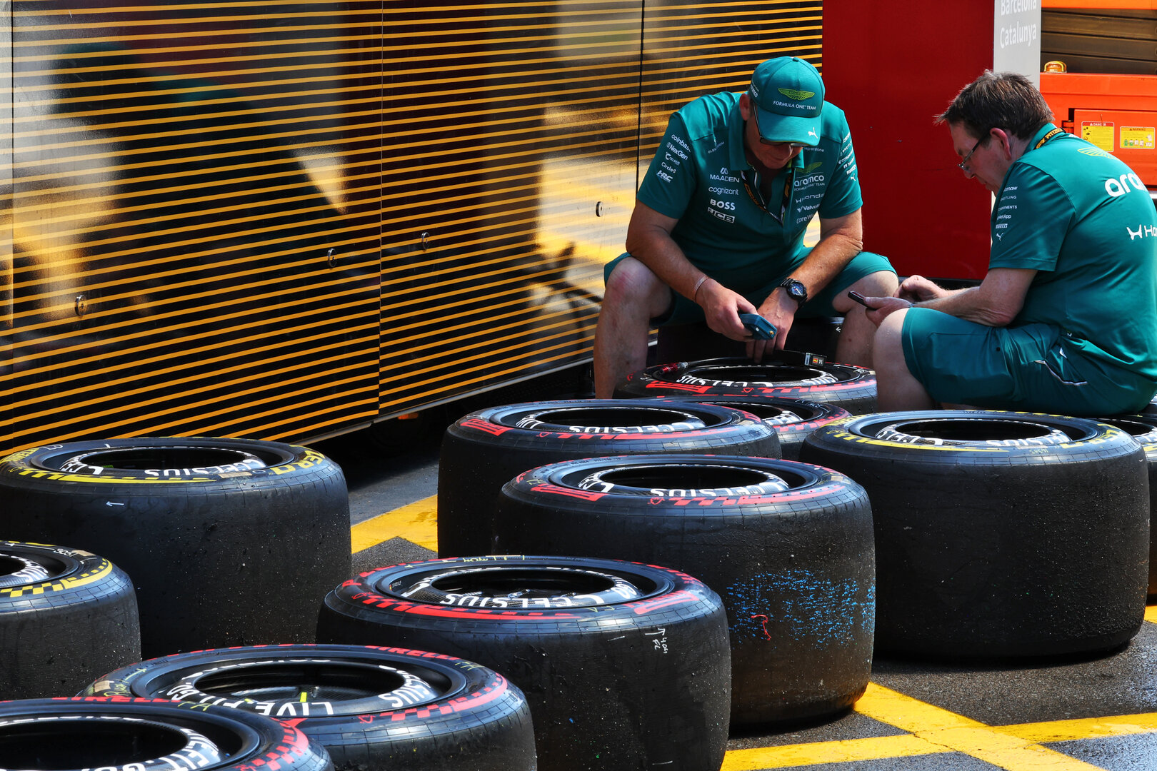 GP CATALUNYA, Aston Martin F1 Team meccanici with used Pirelli tyres.
12.06.2026. Formula 1 World Championship, Rd 7, Barcelona-Catalunya Grand Prix, Barcelona, Spain, Practice Day.
 - www.xpbimages.com, EMail: requests@xpbimages.com © Copyright: Patching / XPB Images
