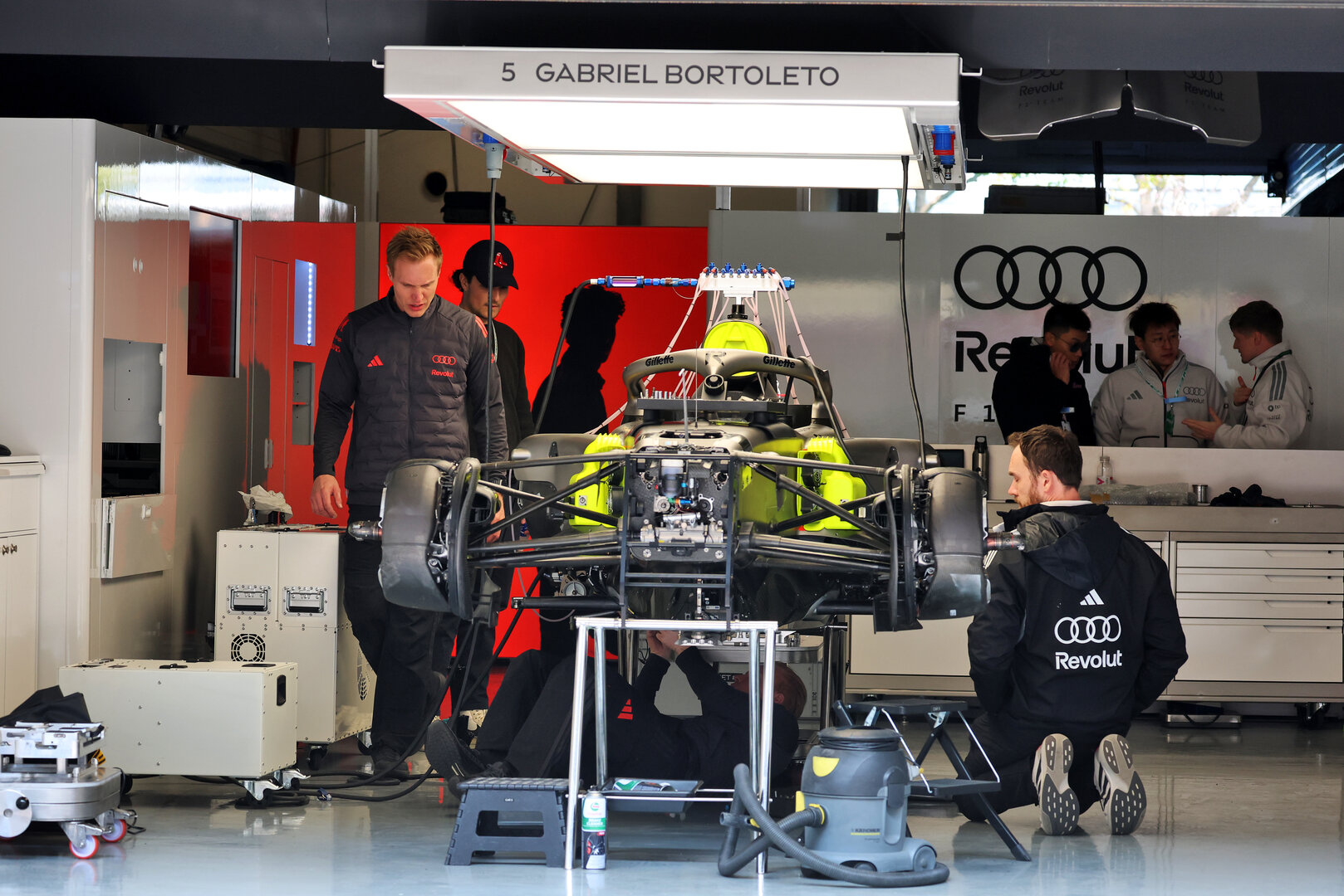 GP CINA, Audi F1 Team R26 being prepared in the pit garage.
12.03.2026. Formula 1 World Championship, Rd 2, Chinese Grand Prix, Shanghai, China, Preparation Day.
- www.xpbimages.com, EMail: requests@xpbimages.com © Copyright: Moy / XPB Images