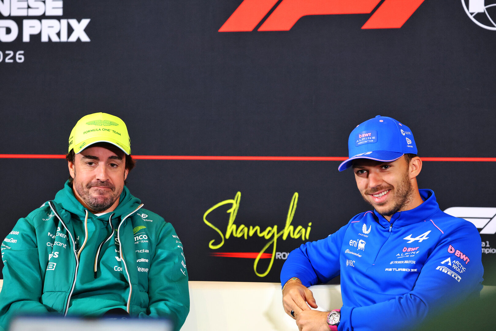 GP CINA, (L to R): Fernando Alonso (ESP) Aston Martin F1 Team e Pierre Gasly (FRA) Alpine F1 Team in the FIA Press Conference.
12.03.2026. Formula 1 World Championship, Rd 2, Chinese Grand Prix, Shanghai, China, Preparation Day.
- www.xpbimages.com, EMail: requests@xpbimages.com © Copyright: Bearne / XPB Images
