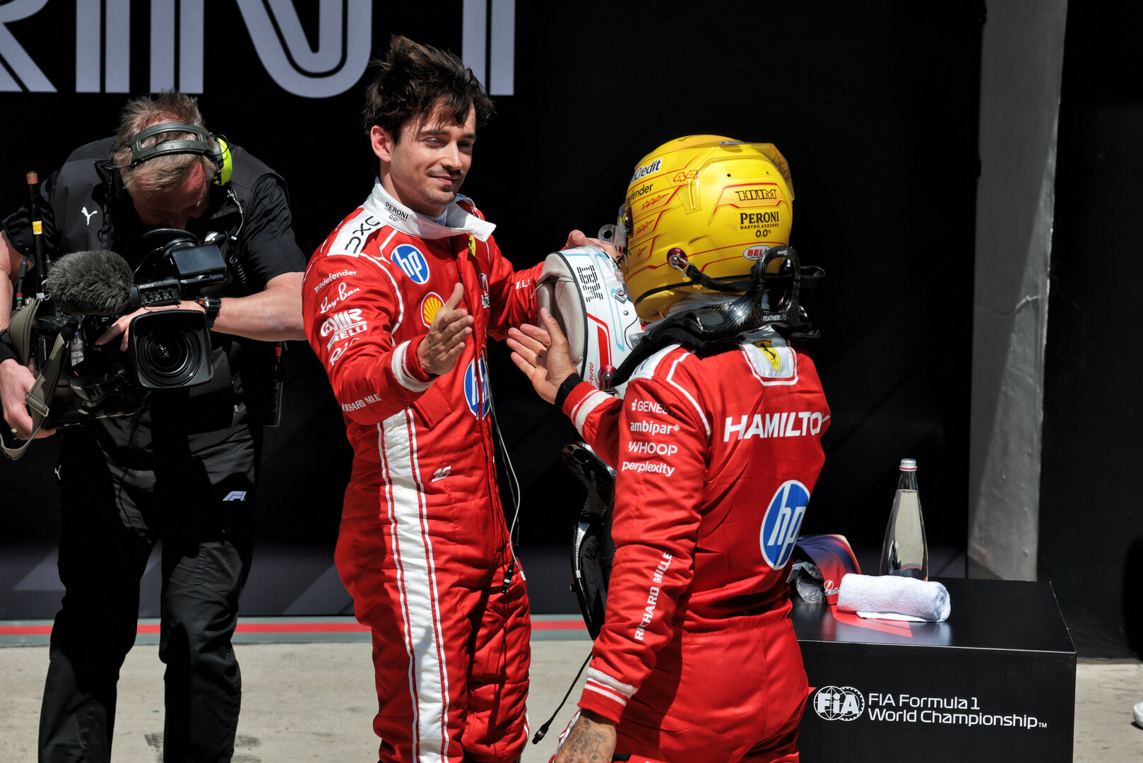 GP CINA, (L to R): Charles Leclerc (MON) Ferrari celebrates his second position in Sprint parc ferme with third placed team mate Lewis Hamilton (GBR) Ferrari.
14.03.2026. Formula 1 World Championship, Rd 2, Chinese Grand Prix, Shanghai, China, Sprint e Qualifiche Day.
- www.xpbimages.com, EMail: requests@xpbimages.com © Copyright: Moy / XPB Images