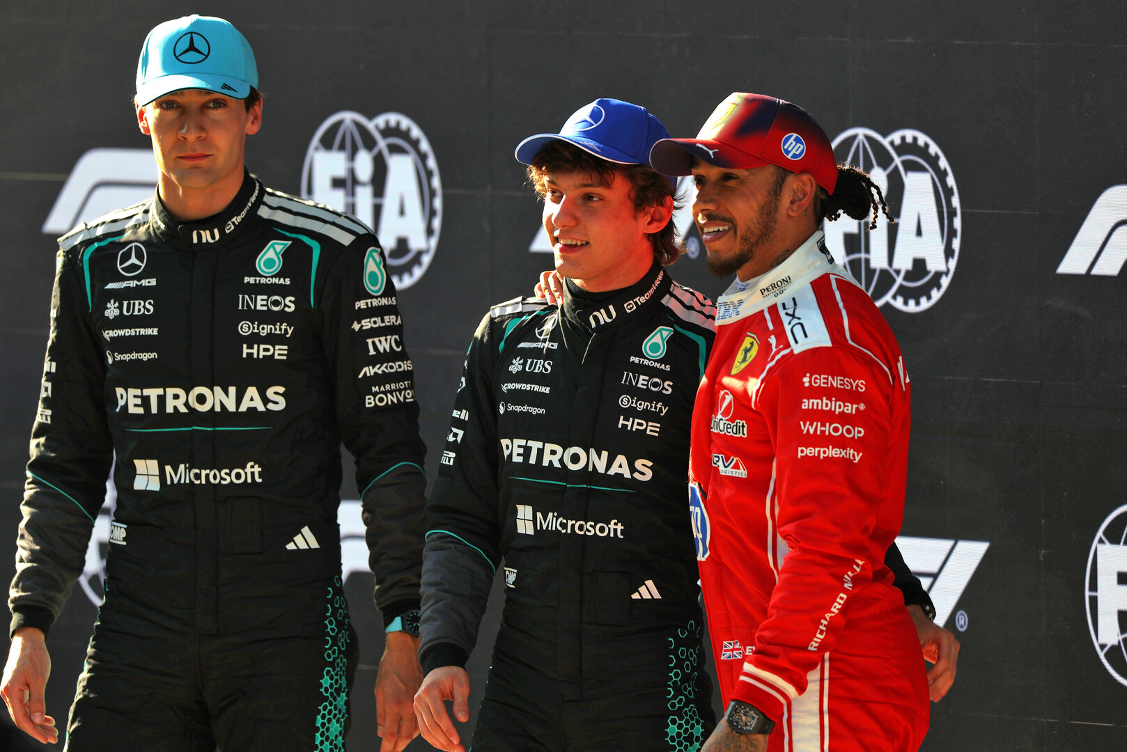 GP CINA, Qualifiche top three in parc ferme (L to R): George Russell (GBR) Mercedes AMG Formula One Team, second; Andrea Kimi Antonelli (ITA) Mercedes AMG Formula One Team, pole position; Lewis Hamilton (GBR) Ferrari, third. 
14.03.2026. Formula 1 World Championship, Rd 2, Chinese Grand Prix, Shanghai, China, Sprint e Qualifiche Day.
- www.xpbimages.com, EMail: requests@xpbimages.com © Copyright: Charniaux / XPB Images