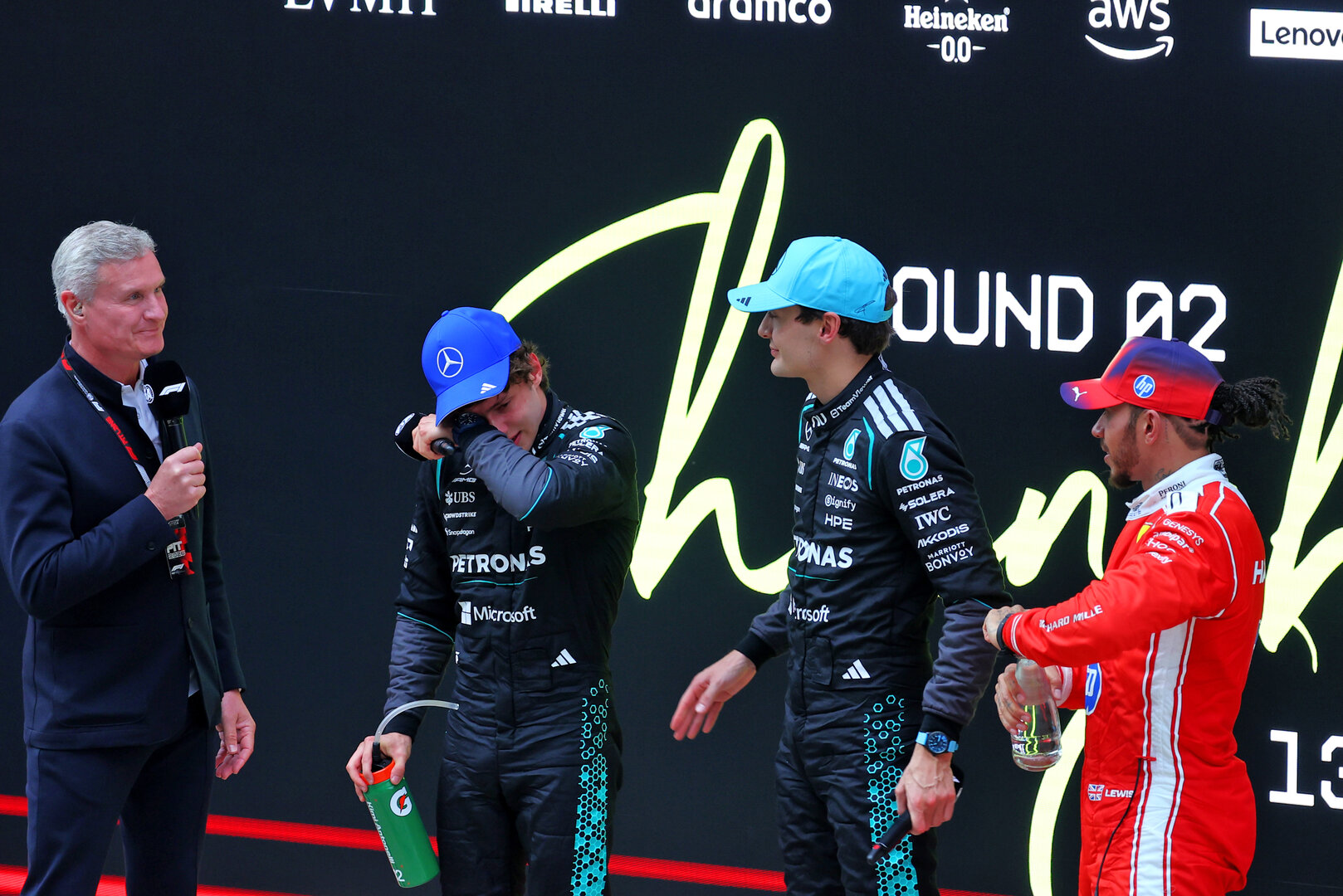 GP CINA, (L to R): David Coulthard (GBR) Channel 4 F1 Commentator with vincitore Andrea Kimi Antonelli (ITA) Mercedes AMG Formula One Team; second placed George Russell (GBR) Mercedes AMG Formula One Team; e third placed Lewis Hamilton (GBR) Ferrari in parc ferme.
15.03.2026. Formula 1 World Championship, Rd 2, Chinese Grand Prix, Shanghai, China, Gara Day.
- www.xpbimages.com, EMail: requests@xpbimages.com © Copyright: Patching / XPB Images