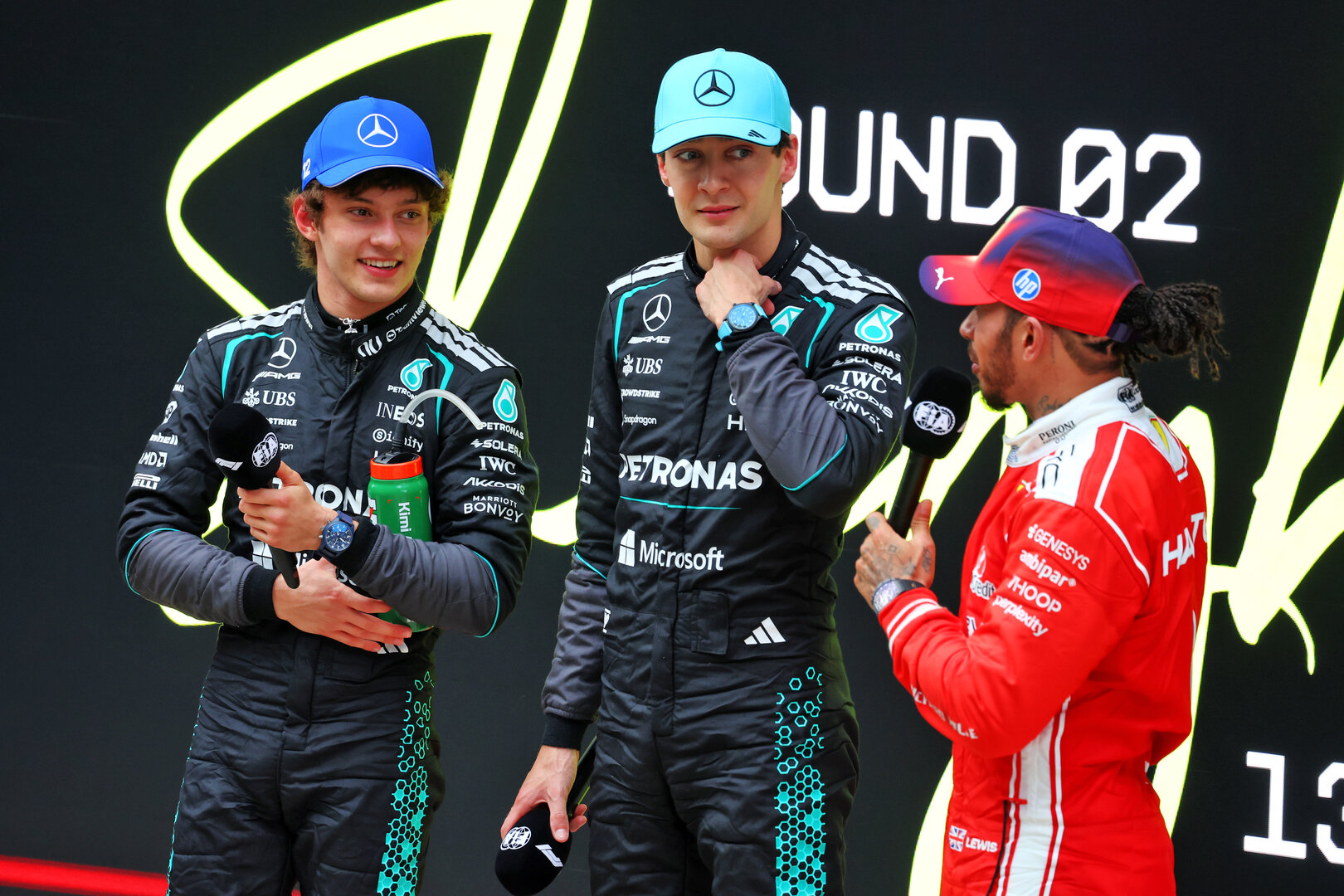 GP CINA, (L to R): vincitore Andrea Kimi Antonelli (ITA) Mercedes AMG Formula One Team; second placed George Russell (GBR) Mercedes AMG Formula One Team; e third placed Lewis Hamilton (GBR) Ferrari in parc ferme.
15.03.2026. Formula 1 World Championship, Rd 2, Chinese Grand Prix, Shanghai, China, Gara Day.
 - www.xpbimages.com, EMail: requests@xpbimages.com © Copyright: Patching / XPB Images