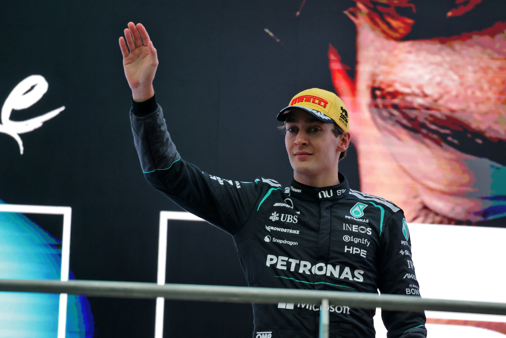 GP CINA, George Russell (GBR) Mercedes AMG Formula One Team celebrates his second position on the podium.
15.03.2026. Formula 1 World Championship, Rd 2, Chinese Grand Prix, Shanghai, China, Gara Day.
- www.xpbimages.com, EMail: requests@xpbimages.com © Copyright: Moy / XPB Images