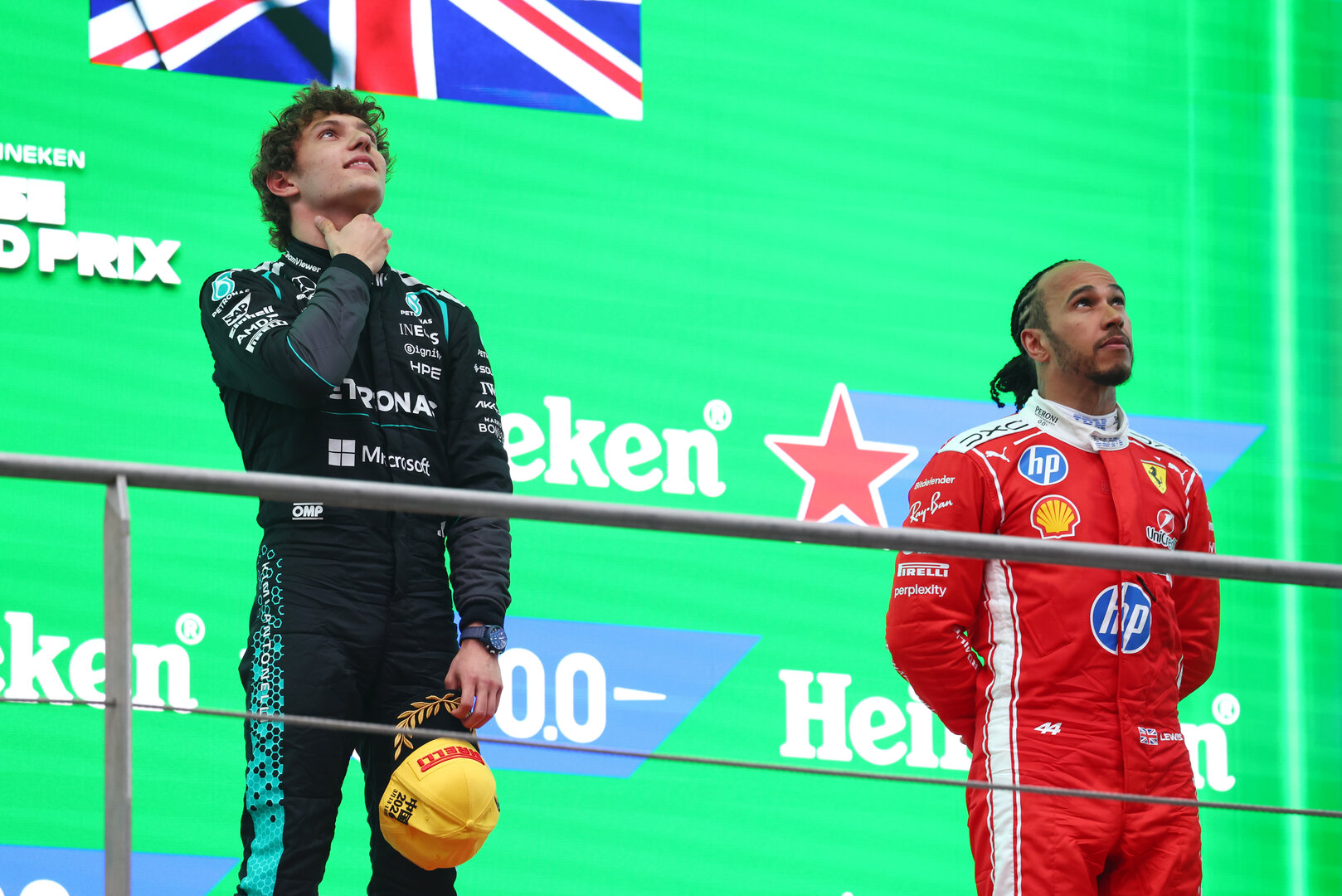 GP CINA, (L to R): Gara winner Andrea Kimi Antonelli (ITA) Mercedes AMG Formula One Team with third placed Charles Leclerc (MON) Ferrari on the podium.
15.03.2026. Formula 1 World Championship, Rd 2, Chinese Grand Prix, Shanghai, China, Gara Day.
 - www.xpbimages.com, EMail: requests@xpbimages.com © Copyright: Patching / XPB Images