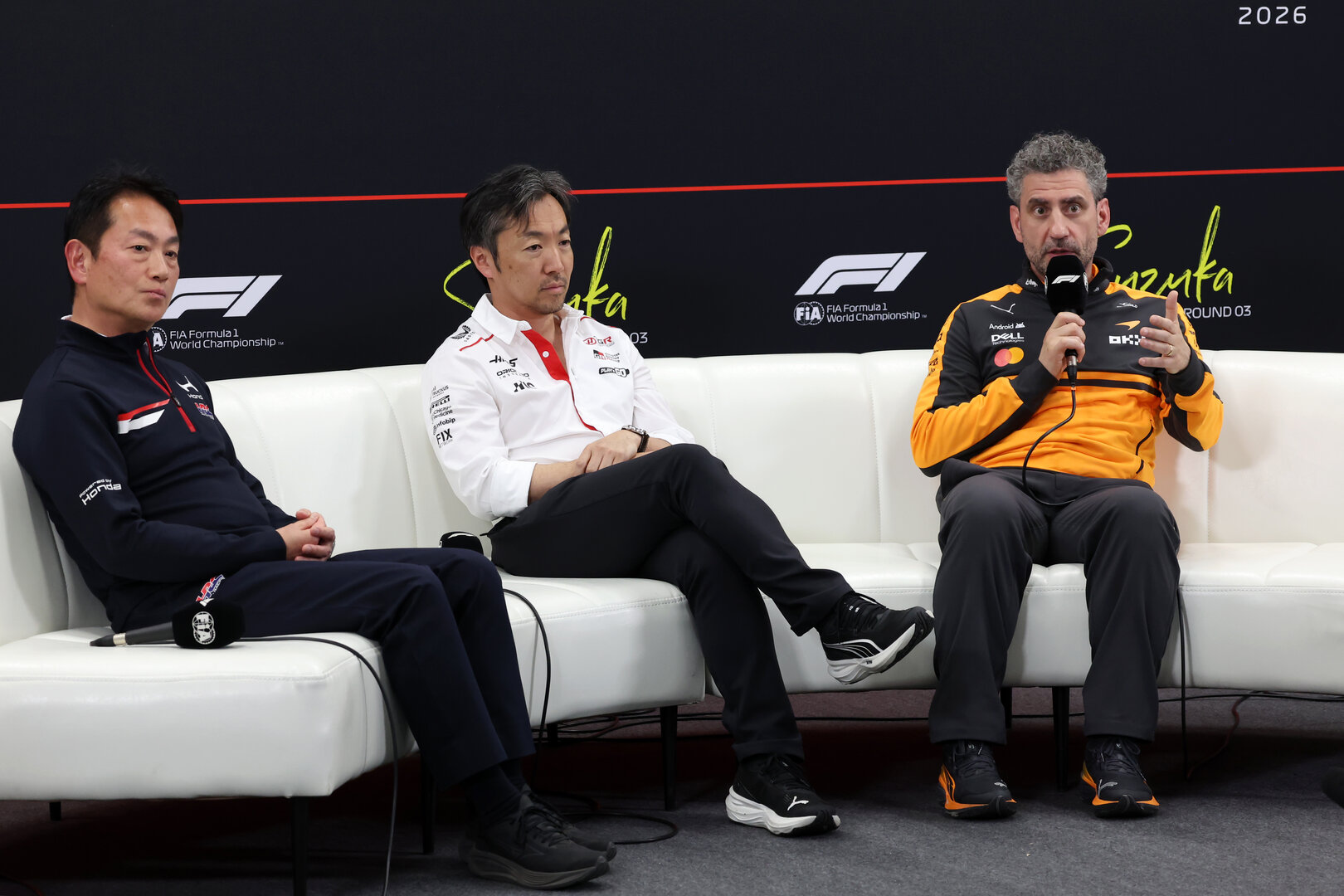 GP GIAPPONE, (L to R): Koji Watanabe (JPN) Honda Racing Corporation - HRC - President; Ayao Komatsu (JPN) Haas F1 Team Principal; e Andrea Stella (ITA) McLaren F1 Team Team Principal, in the FIA Press Conference.
27.03.2026. Formula 1 World Championship, Rd 3, Japanese Grand Prix, Suzuka, Japan, Practice Day.
- www.xpbimages.com, EMail: requests@xpbimages.com © Copyright: Rew / XPB Images