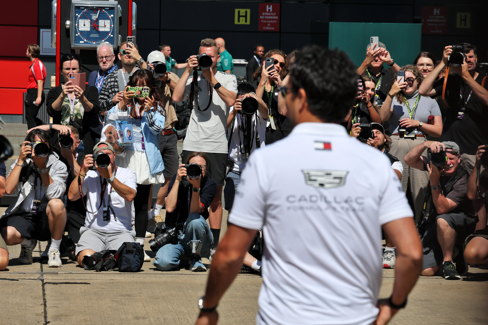 GP GRAN BRETAGNA, Photographers shoot Sergio Perez (MEX) Cadillac Formula 1 Team in the paddock.
02.07.2026. Formula 1 World Championship, Rd 9, British Grand Prix, Silverstone, England, Preparation Day.
- www.xpbimages.com, EMail: requests@xpbimages.com © Copyright: Moy / XPB Images