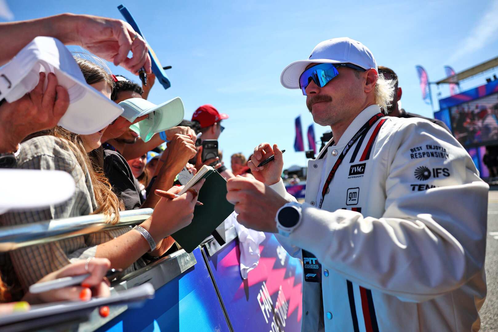 GP GRAN BRETAGNA, Valtteri Bottas (FIN) Cadillac Formula 1 Team with fans.
02.07.2026. Formula 1 World Championship, Rd 9, British Grand Prix, Silverstone, England, Preparation Day.
 - www.xpbimages.com, EMail: requests@xpbimages.com © Copyright: Patching / XPB Images