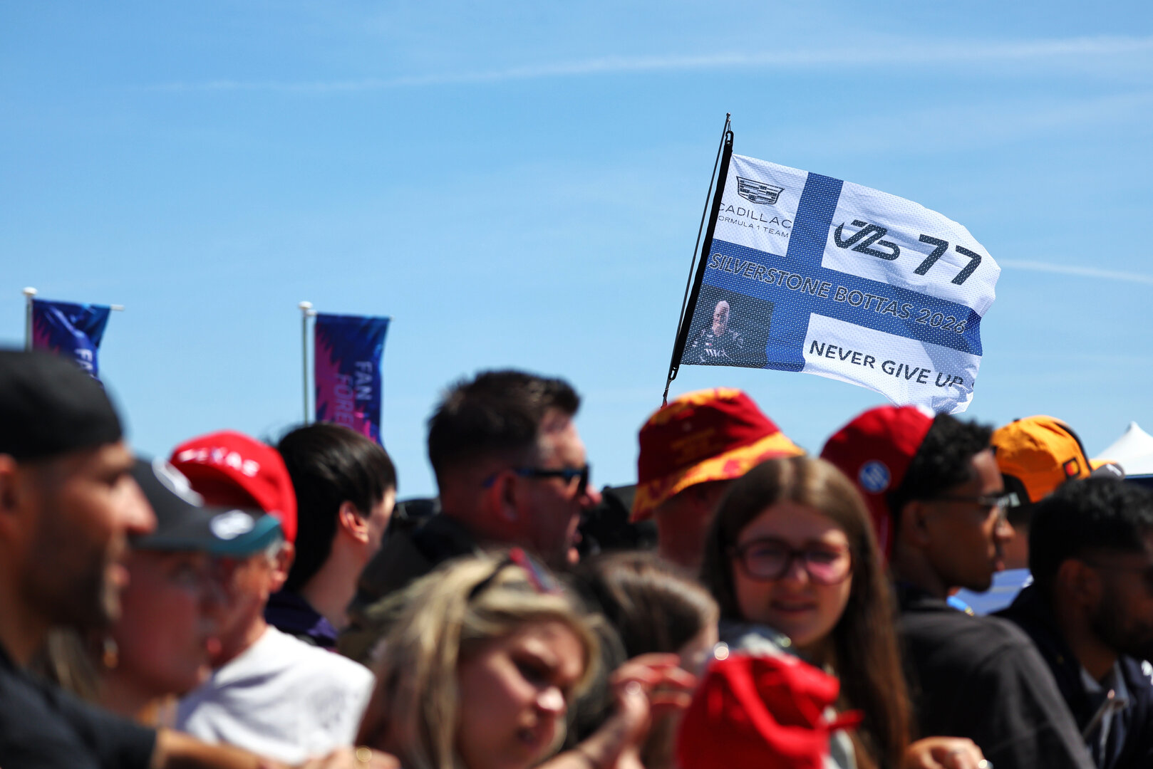 GP GRAN BRETAGNA, Circuit Atmosfera - flag for Valtteri Bottas (FIN) Cadillac Formula 1 Team.
02.07.2026. Formula 1 World Championship, Rd 9, British Grand Prix, Silverstone, England, Preparation Day.
 - www.xpbimages.com, EMail: requests@xpbimages.com © Copyright: Patching / XPB Images