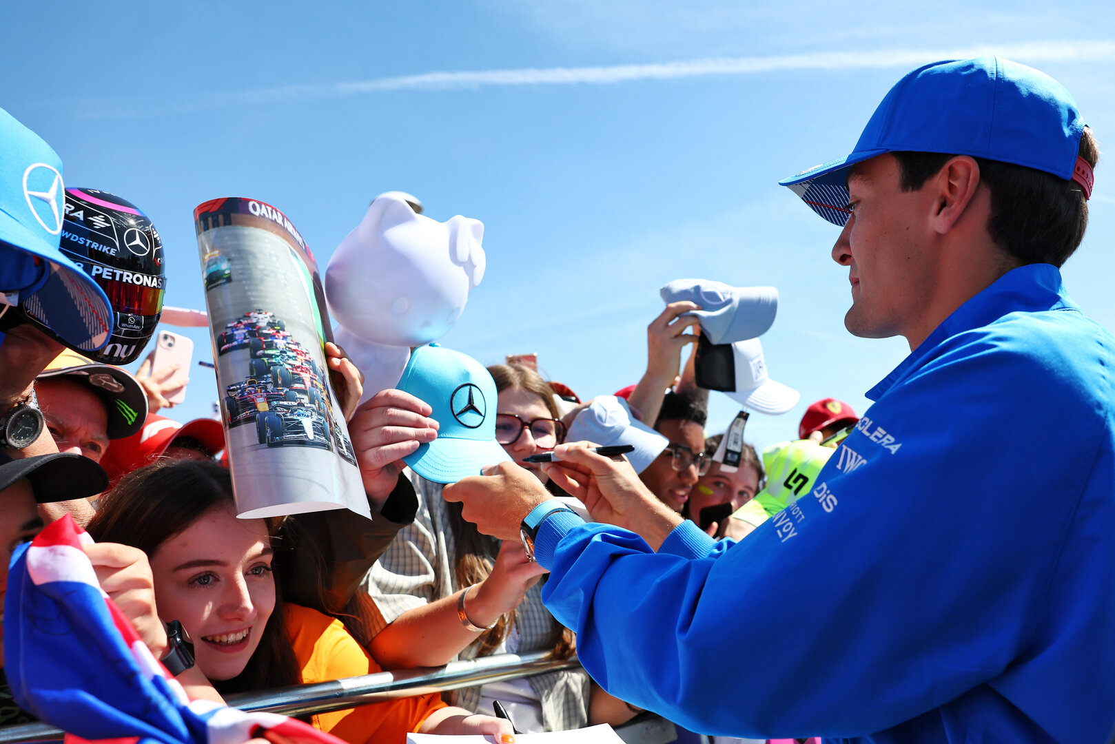 GP GRAN BRETAGNA, George Russell (GBR) Mercedes AMG Formula One Team with fans.
02.07.2026. Formula 1 World Championship, Rd 9, British Grand Prix, Silverstone, England, Preparation Day.
 - www.xpbimages.com, EMail: requests@xpbimages.com © Copyright: Patching / XPB Images