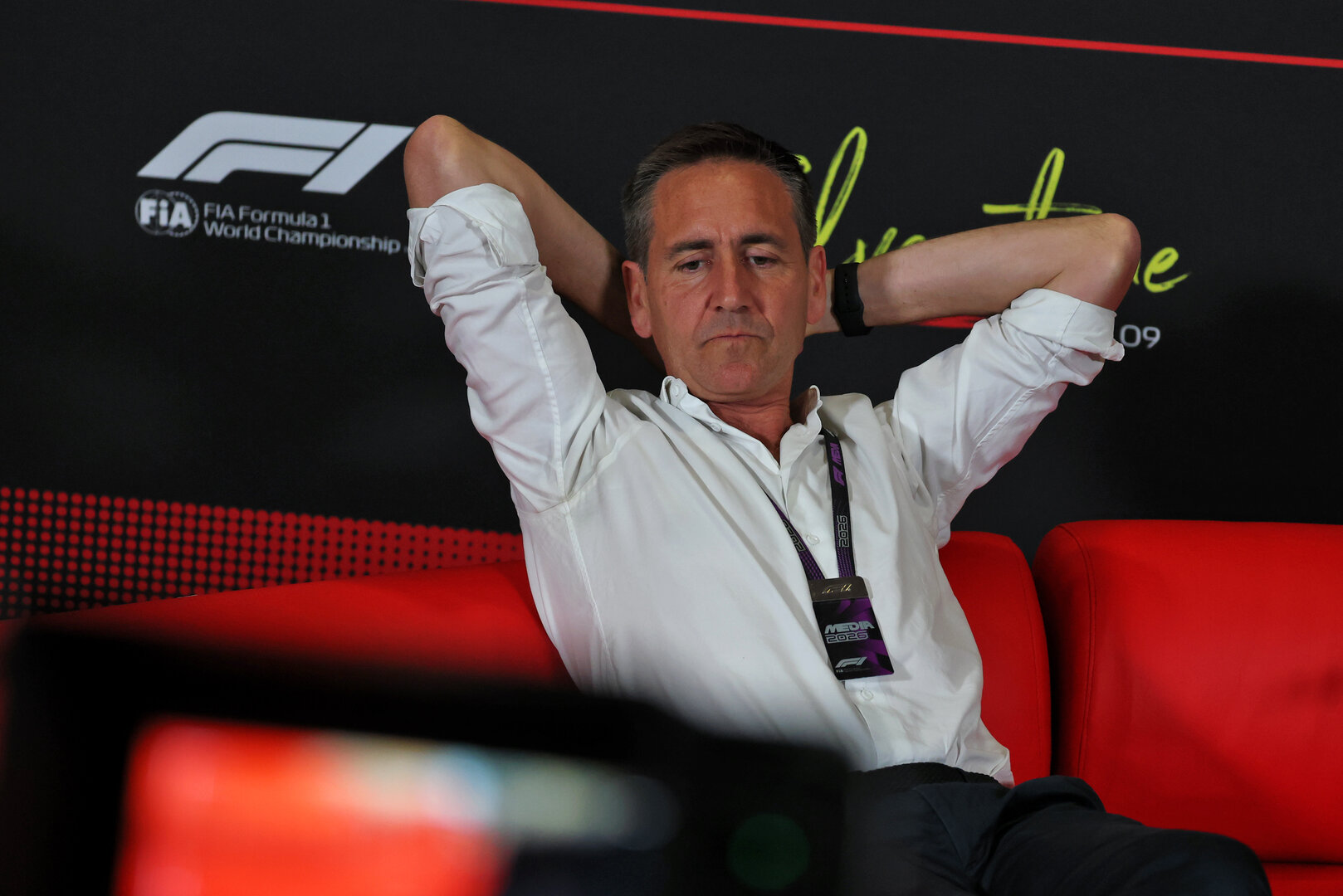 GP GRAN BRETAGNA, Tom Clarkson (GBR) Journalist in the FIA Press Conference.
02.07.2026. Formula 1 World Championship, Rd 9, British Grand Prix, Silverstone, England, Preparation Day.
- www.xpbimages.com, EMail: requests@xpbimages.com © Copyright: Moy / XPB Images