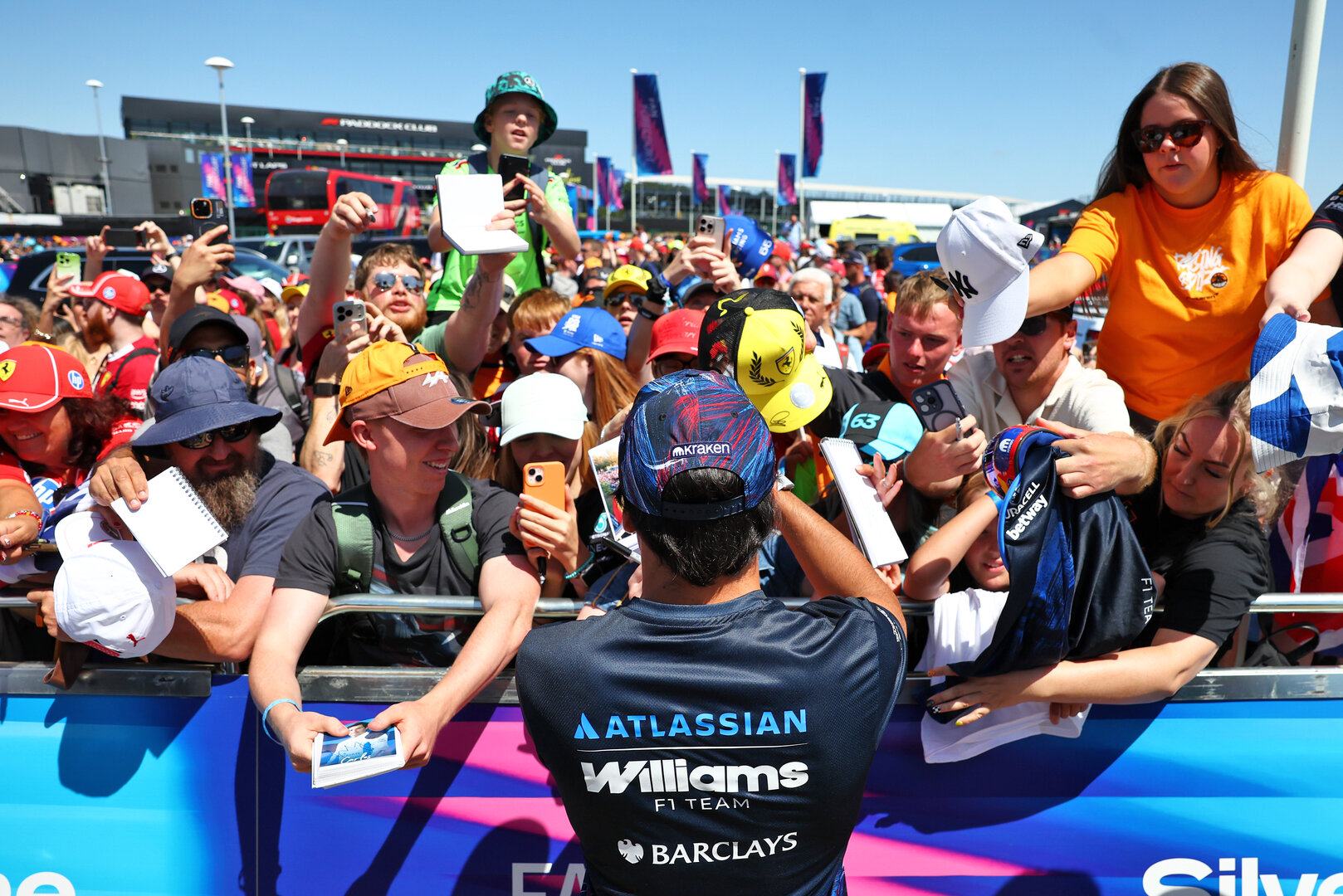 GP GRAN BRETAGNA, Carlos Sainz (ESP) Williams F1 Team with fans.
02.07.2026. Formula 1 World Championship, Rd 9, British Grand Prix, Silverstone, England, Preparation Day.
- www.xpbimages.com, EMail: requests@xpbimages.com © Copyright: Patching / XPB Images