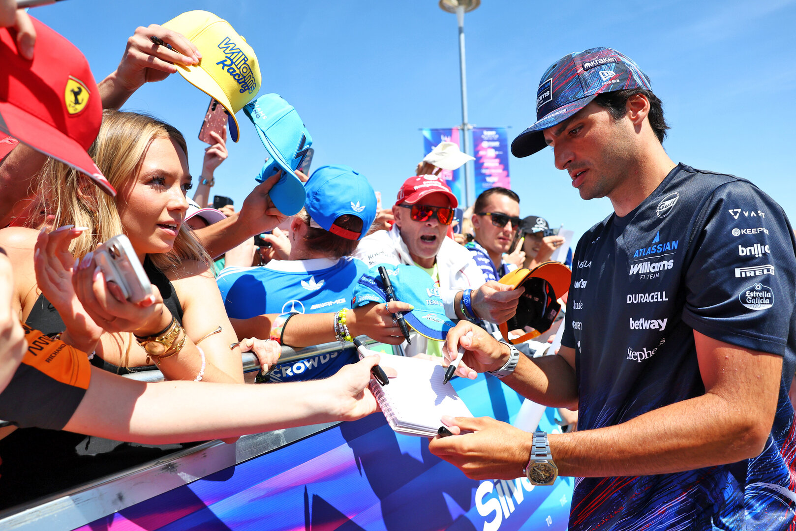 GP GRAN BRETAGNA, Carlos Sainz (ESP) Williams F1 Team with fans.
02.07.2026. Formula 1 World Championship, Rd 9, British Grand Prix, Silverstone, England, Preparation Day.
 - www.xpbimages.com, EMail: requests@xpbimages.com © Copyright: Patching / XPB Images