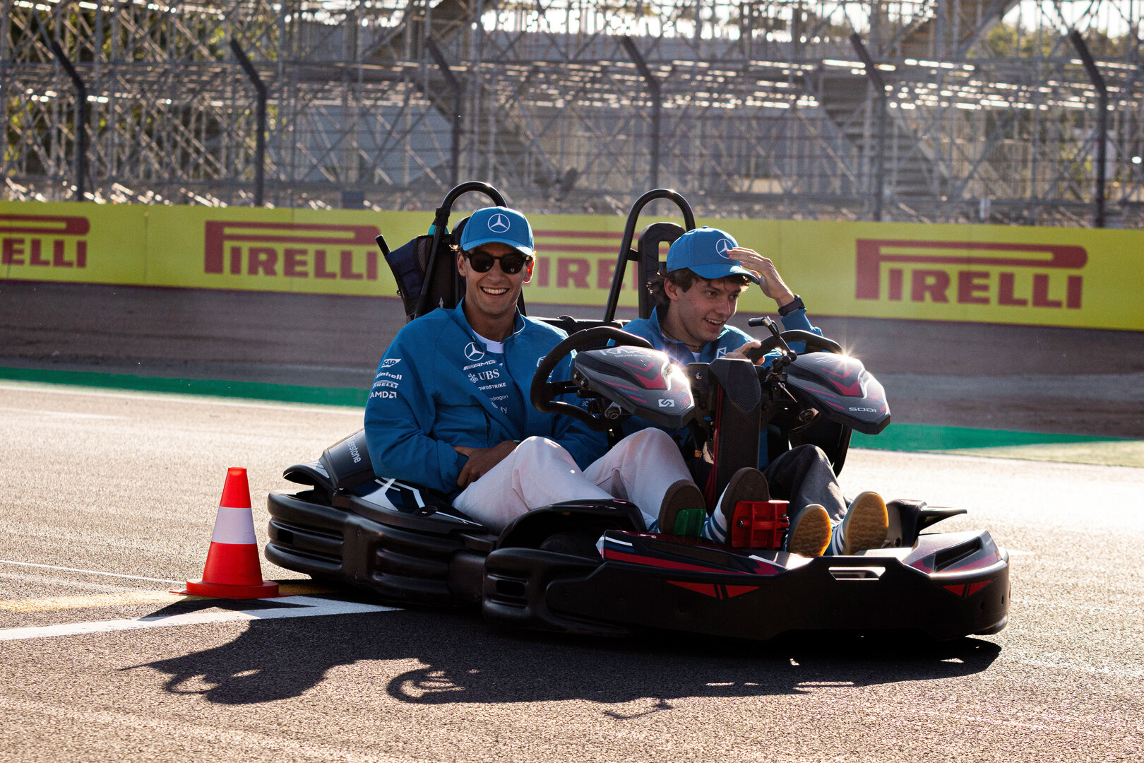 GP GRAN BRETAGNA, (L to R): George Russell (GBR) Mercedes AMG Formula One Team e team mate Andrea Kimi Antonelli (ITA) Mercedes AMG Formula One Team karting.
02.07.2026. Formula 1 World Championship, Rd 9, British Grand Prix, Silverstone, England, Preparation Day.
- www.xpbimages.com, EMail: requests@xpbimages.com © Copyright: Denny / XPB Images