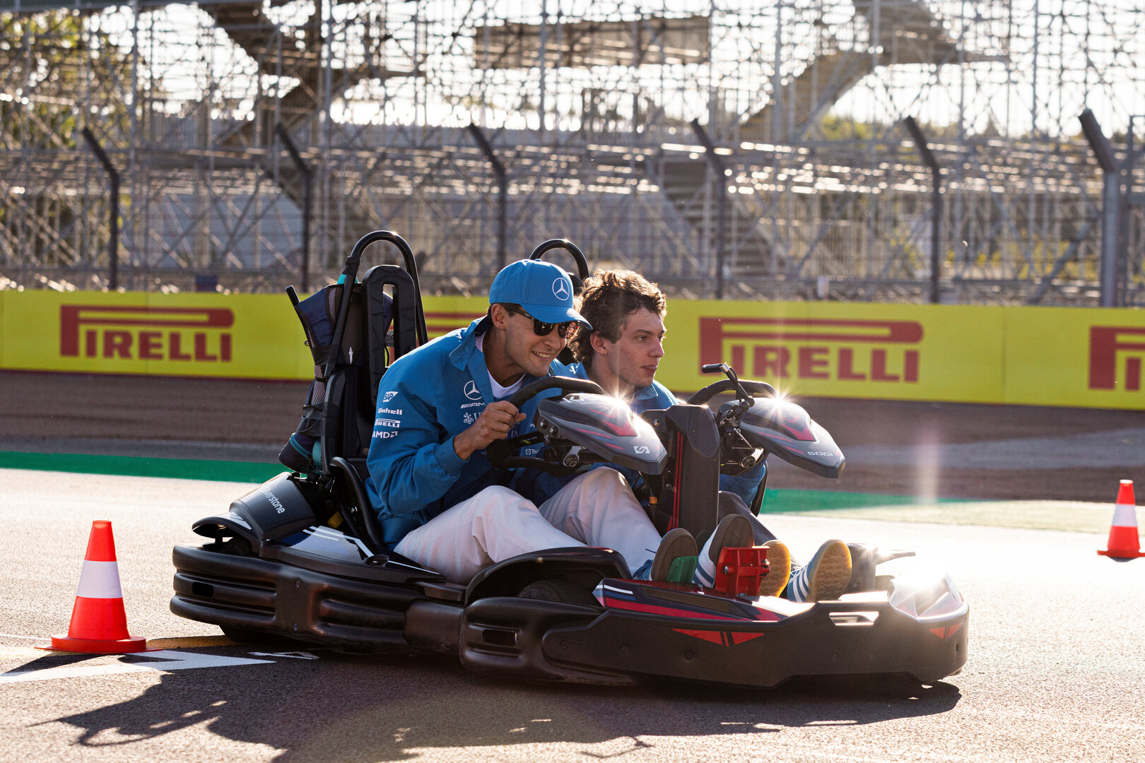 GP GRAN BRETAGNA, (L to R): George Russell (GBR) Mercedes AMG Formula One Team e team mate Andrea Kimi Antonelli (ITA) Mercedes AMG Formula One Team karting.
02.07.2026. Formula 1 World Championship, Rd 9, British Grand Prix, Silverstone, England, Preparation Day.
 - www.xpbimages.com, EMail: requests@xpbimages.com © Copyright: Denny / XPB Images