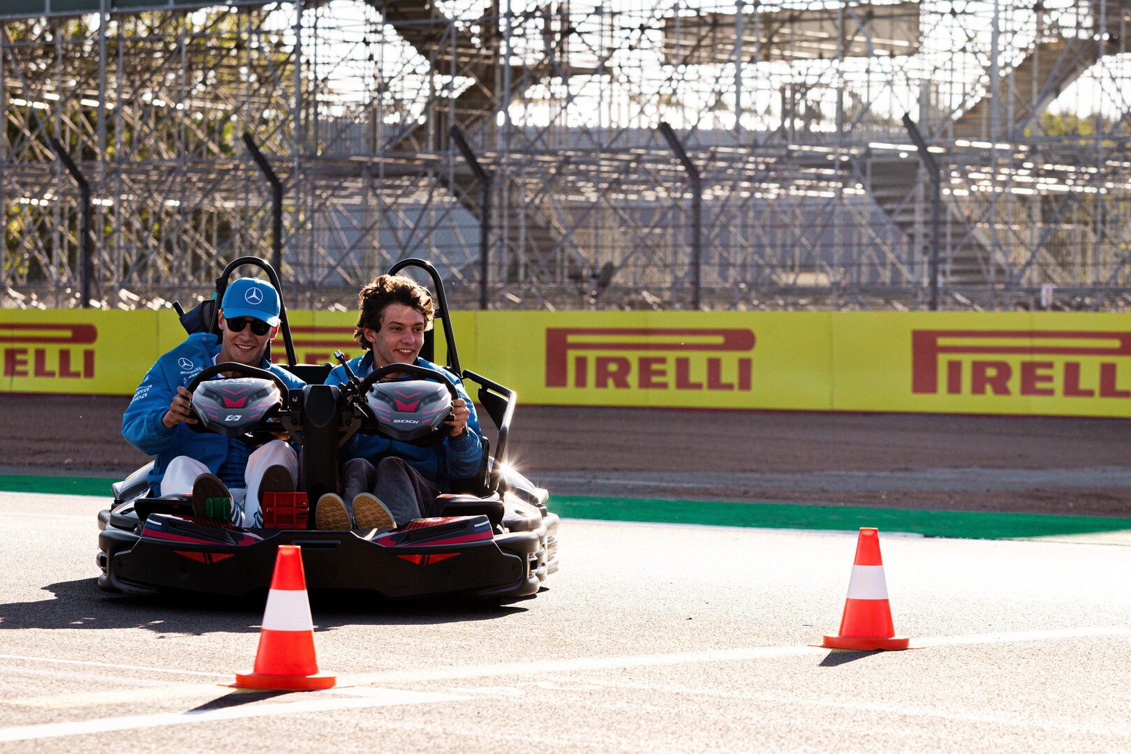 GP GRAN BRETAGNA, (L to R): George Russell (GBR) Mercedes AMG Formula One Team e team mate Andrea Kimi Antonelli (ITA) Mercedes AMG Formula One Team karting.
02.07.2026. Formula 1 World Championship, Rd 9, British Grand Prix, Silverstone, England, Preparation Day.
 - www.xpbimages.com, EMail: requests@xpbimages.com © Copyright: Denny / XPB Images