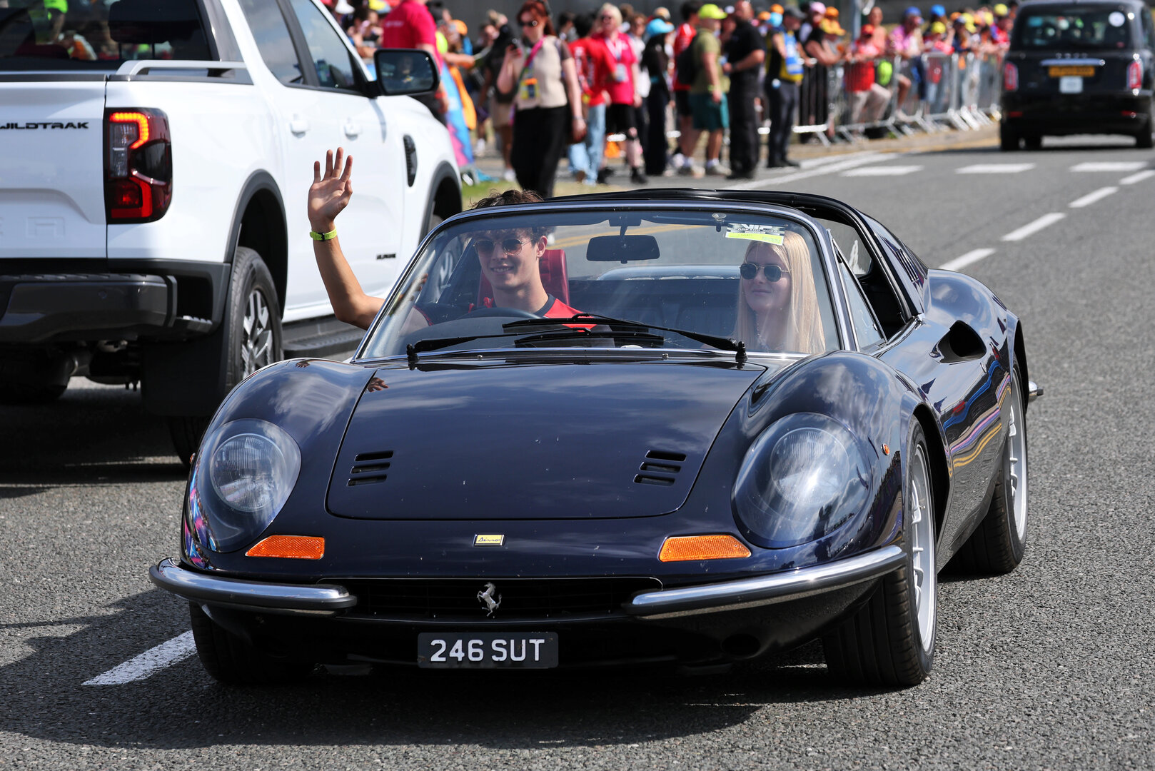 GP GRAN BRETAGNA, (L to R): Oliver Bearman (GBR) Haas F1 Team arrives at the paddock with Domenica Alicia Torriani in a Ferrari Dino 246 GT.
03.07.2026. Formula 1 World Championship, Rd 9, British Grand Prix, Silverstone, England, Sprint Qualifiche Day.
- www.xpbimages.com, EMail: requests@xpbimages.com © Copyright: Moy / XPB Images