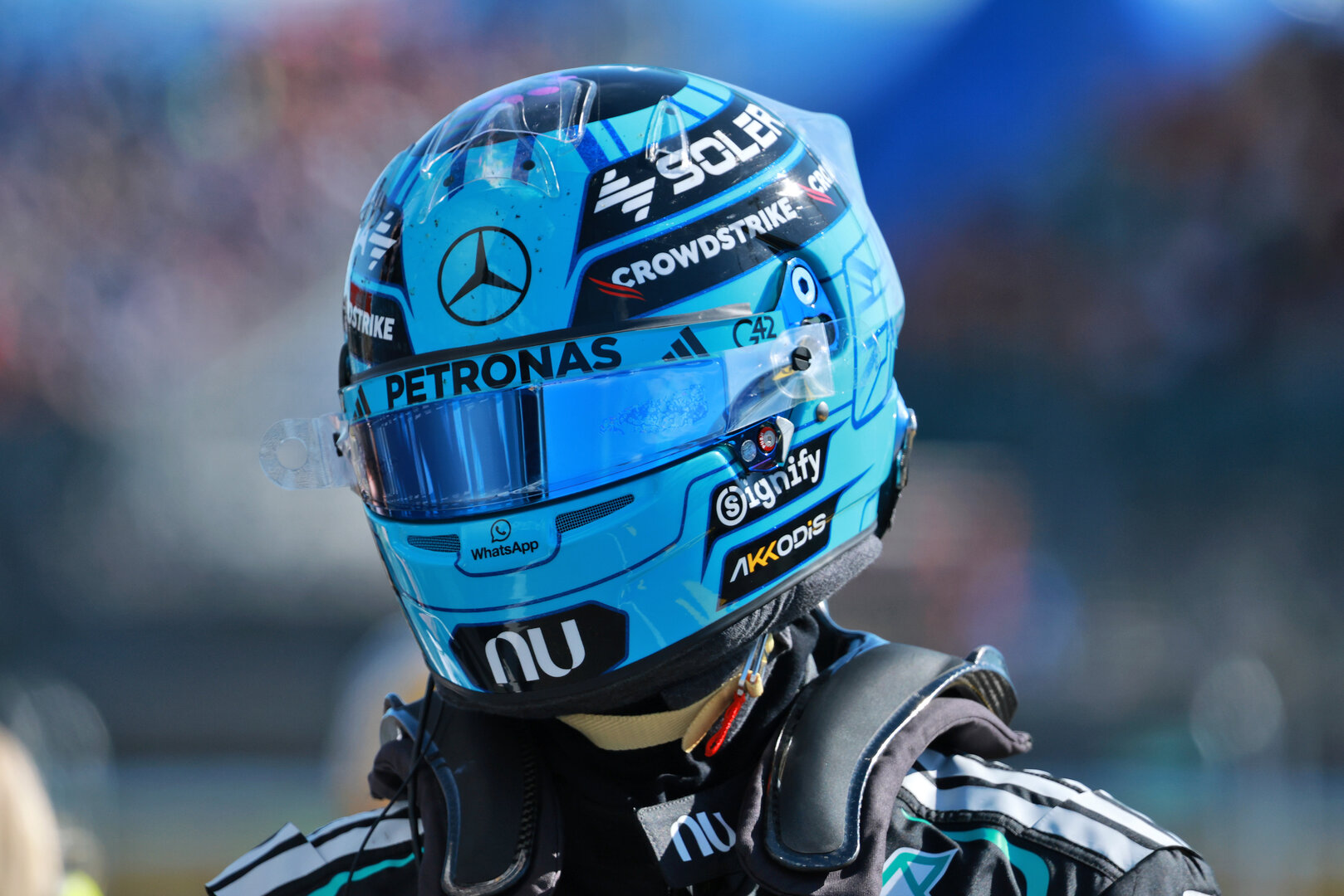 GP GRAN BRETAGNA, George Russell (GBR) Mercedes AMG Formula One Team in Sprint qualifying parc ferme.
03.07.2026. Formula 1 World Championship, Rd 9, British Grand Prix, Silverstone, England, Sprint Qualifiche Day.
- www.xpbimages.com, EMail: requests@xpbimages.com © Copyright: Charniaux / XPB Images
