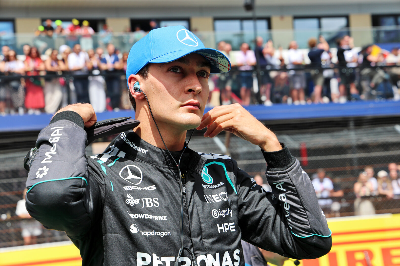GP GRAN BRETAGNA, George Russell (GBR) Mercedes AMG Formula One Team on the grid.
04.07.2026. Formula 1 World Championship, Rd 9, British Grand Prix, Silverstone, England, Sprint e Qualifiche Day.
- www.xpbimages.com, EMail: requests@xpbimages.com © Copyright: Batchelor / XPB Images