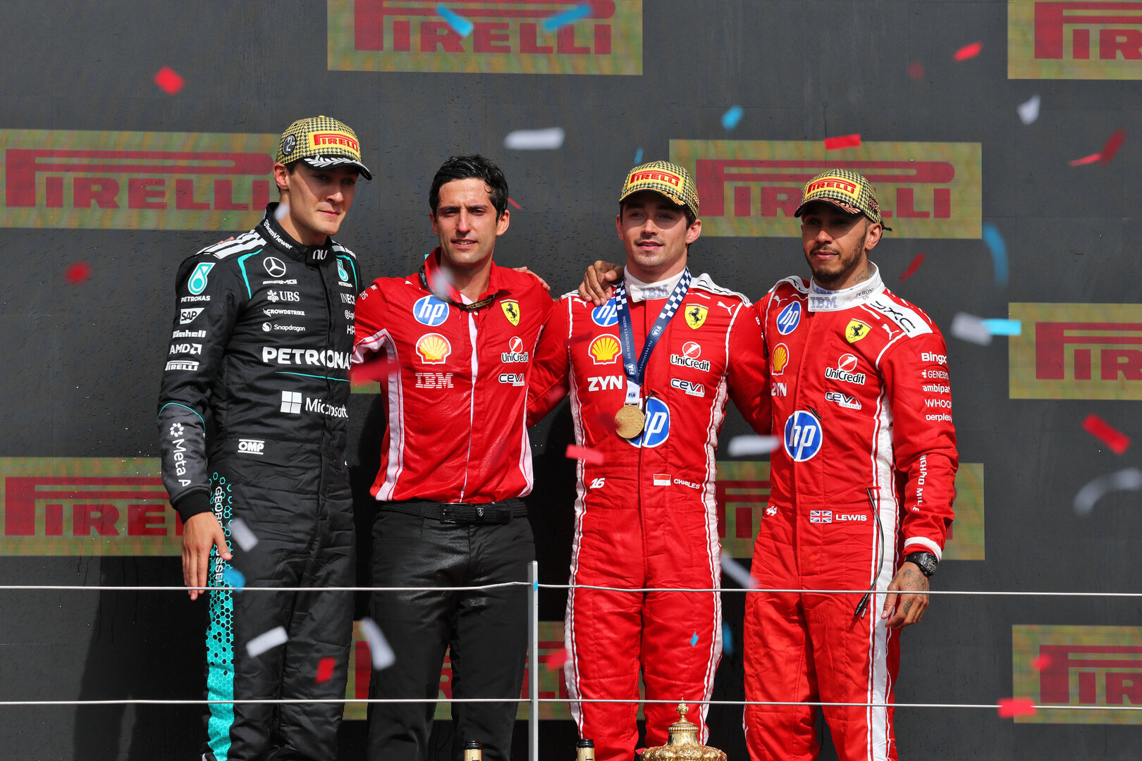 GP GRAN BRETAGNA, The podium (L to R): George Russell (GBR) Mercedes AMG Formula One Team, second; Bryan Bozzi (ITA) Ferrari Gara Engineer; Charles Leclerc (MON) Ferrari, vincitore; Lewis Hamilton (GBR) Ferrari, third.
05.07.2026. Formula 1 World Championship, Rd 9, British Grand Prix, Silverstone, England, Gara Day.
- www.xpbimages.com, EMail: requests@xpbimages.com © Copyright: Moy / XPB Images