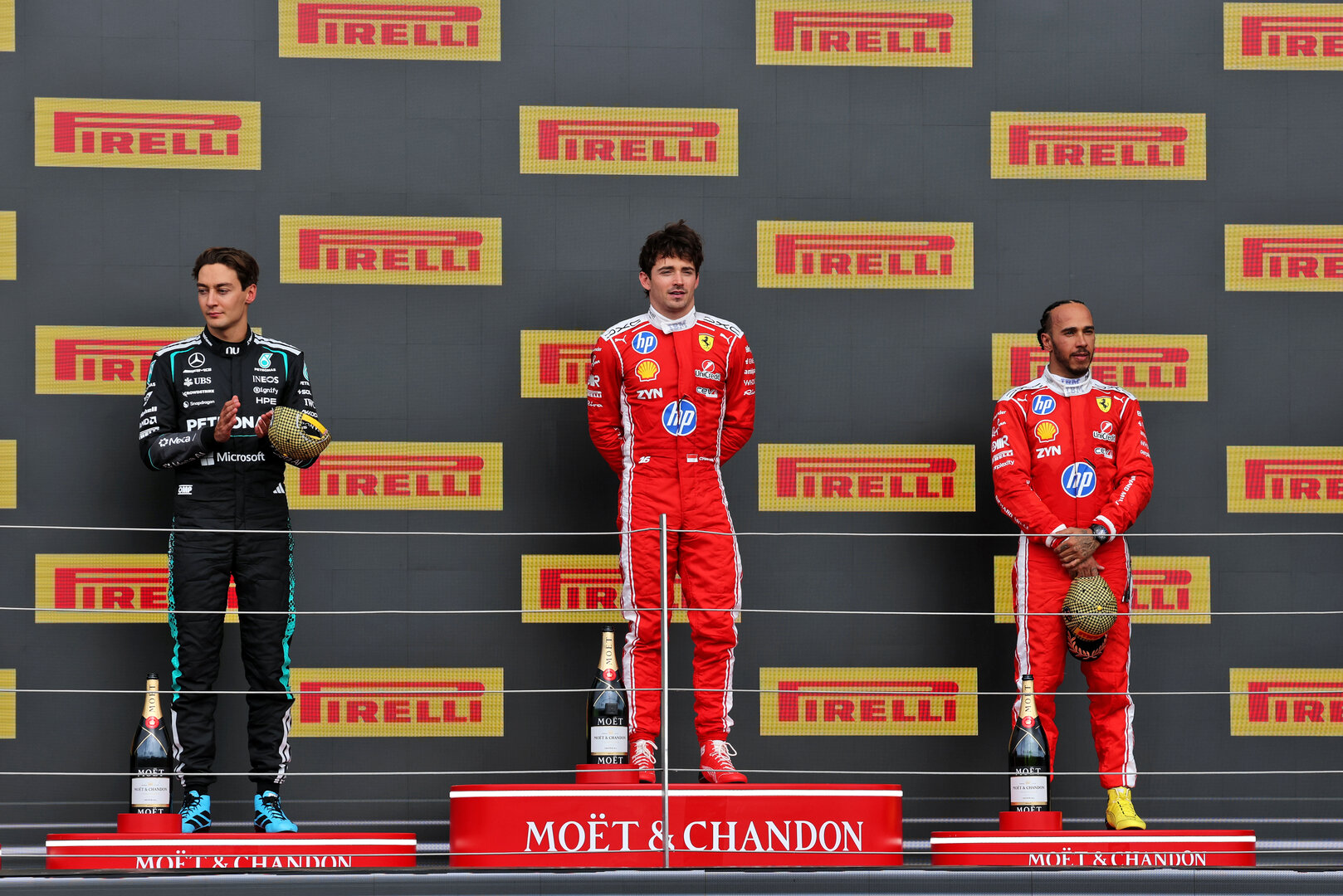 GP GRAN BRETAGNA, The podium (L to R): George Russell (GBR) Mercedes AMG Formula One Team, second; Charles Leclerc (MON) Ferrari, vincitore; Lewis Hamilton (GBR) Ferrari, third.
05.07.2026. Formula 1 World Championship, Rd 9, British Grand Prix, Silverstone, England, Gara Day.
- www.xpbimages.com, EMail: requests@xpbimages.com © Copyright: Moy / XPB Images