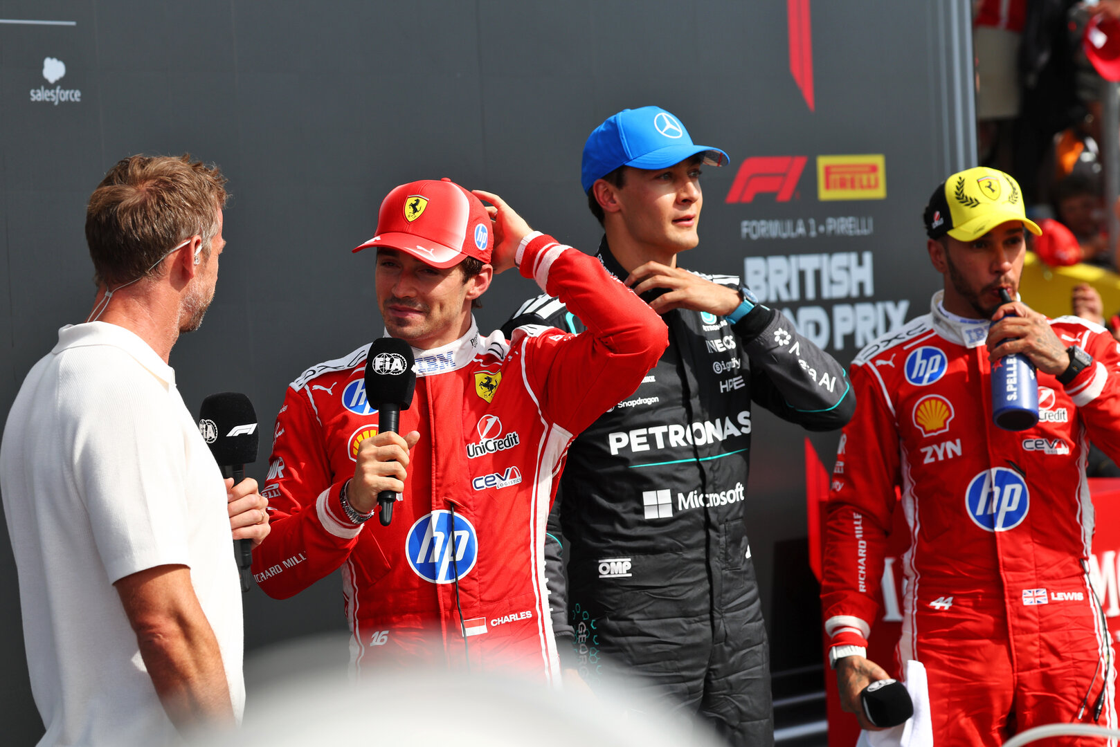 GP GRAN BRETAGNA, Gara winner Charles Leclerc (MON) Ferrari with Jenson Button (GBR) Sky Sports F1 Presenter / Aston Martin F1 Team Ambassador in parc ferme.
05.07.2026. Formula 1 World Championship, Rd 9, British Grand Prix, Silverstone, England, Gara Day.
 - www.xpbimages.com, EMail: requests@xpbimages.com © Copyright: Patching / XPB Images