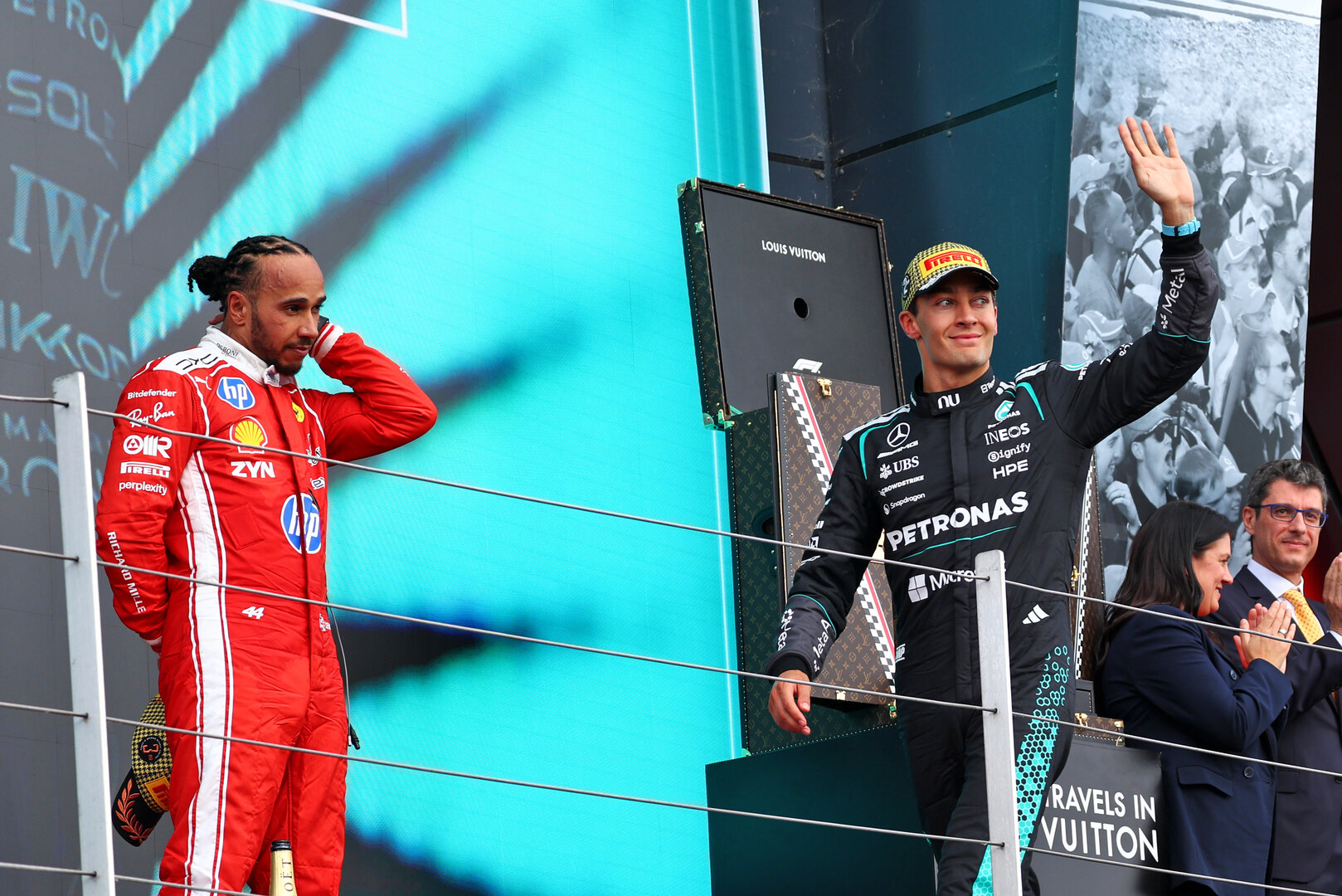 GP GRAN BRETAGNA, George Russell (GBR) Mercedes AMG Formula One Team celebrates his second position on the podium.
05.07.2026. Formula 1 World Championship, Rd 9, British Grand Prix, Silverstone, England, Gara Day.
- www.xpbimages.com, EMail: requests@xpbimages.com © Copyright: Patching / XPB Images