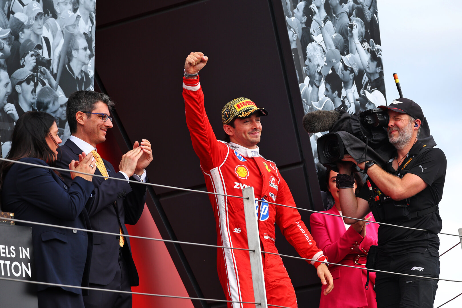 GP GRAN BRETAGNA, Gara winner Charles Leclerc (MON) Ferrari celebrates on the podium.
05.07.2026. Formula 1 World Championship, Rd 9, British Grand Prix, Silverstone, England, Gara Day.
 - www.xpbimages.com, EMail: requests@xpbimages.com © Copyright: Patching / XPB Images