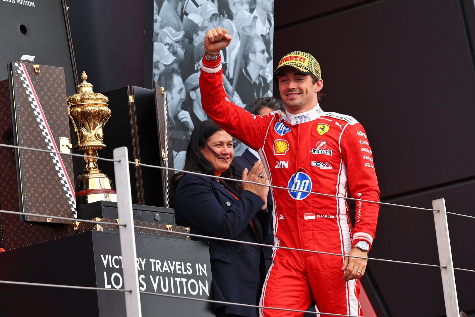 GP GRAN BRETAGNA, Gara winner Charles Leclerc (MON) Ferrari celebrates on the podium.
05.07.2026. Formula 1 World Championship, Rd 9, British Grand Prix, Silverstone, England, Gara Day.
 - www.xpbimages.com, EMail: requests@xpbimages.com © Copyright: Patching / XPB Images