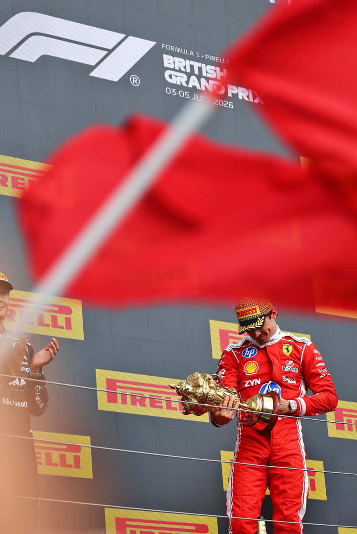 GP GRAN BRETAGNA, Gara winner Charles Leclerc (MON) Ferrari celebrates on the podium.
05.07.2026. Formula 1 World Championship, Rd 9, British Grand Prix, Silverstone, England, Gara Day.
 - www.xpbimages.com, EMail: requests@xpbimages.com © Copyright: Patching / XPB Images