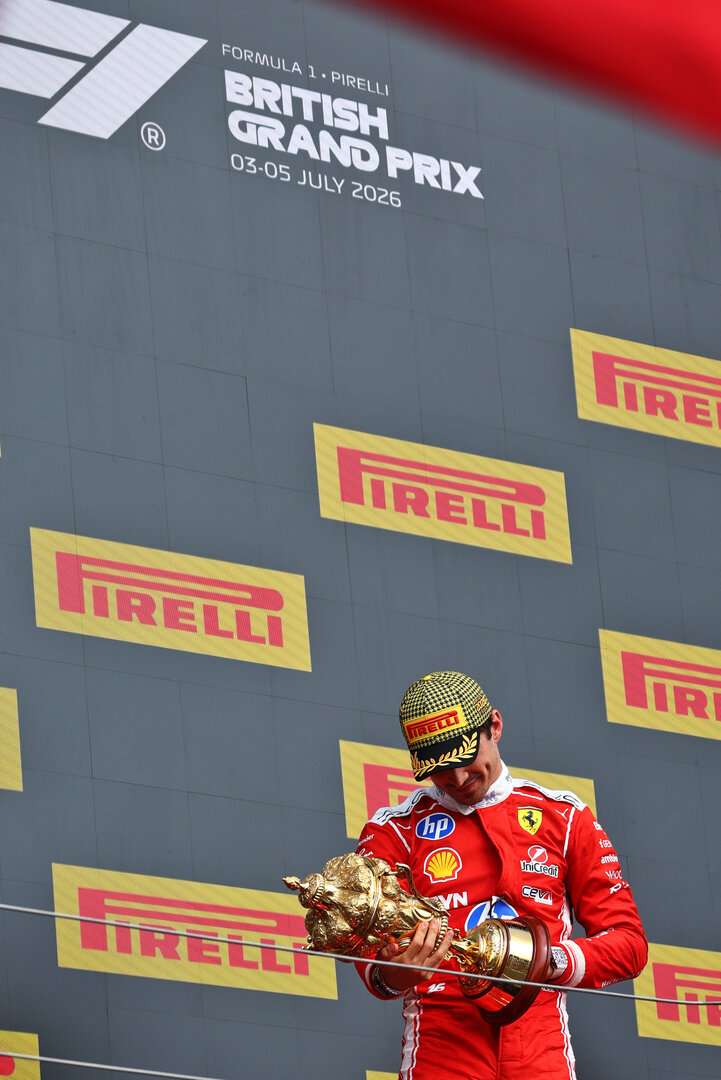 GP GRAN BRETAGNA, Gara winner Charles Leclerc (MON) Ferrari celebrates on the podium.
05.07.2026. Formula 1 World Championship, Rd 9, British Grand Prix, Silverstone, England, Gara Day.
 - www.xpbimages.com, EMail: requests@xpbimages.com © Copyright: Patching / XPB Images