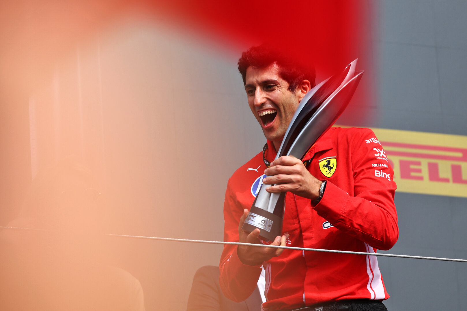 GP GRAN BRETAGNA, Bryan Bozzi (ITA) Ferrari Gara Engineer celebrates on the podium.
05.07.2026. Formula 1 World Championship, Rd 9, British Grand Prix, Silverstone, England, Gara Day.
 - www.xpbimages.com, EMail: requests@xpbimages.com © Copyright: Patching / XPB Images