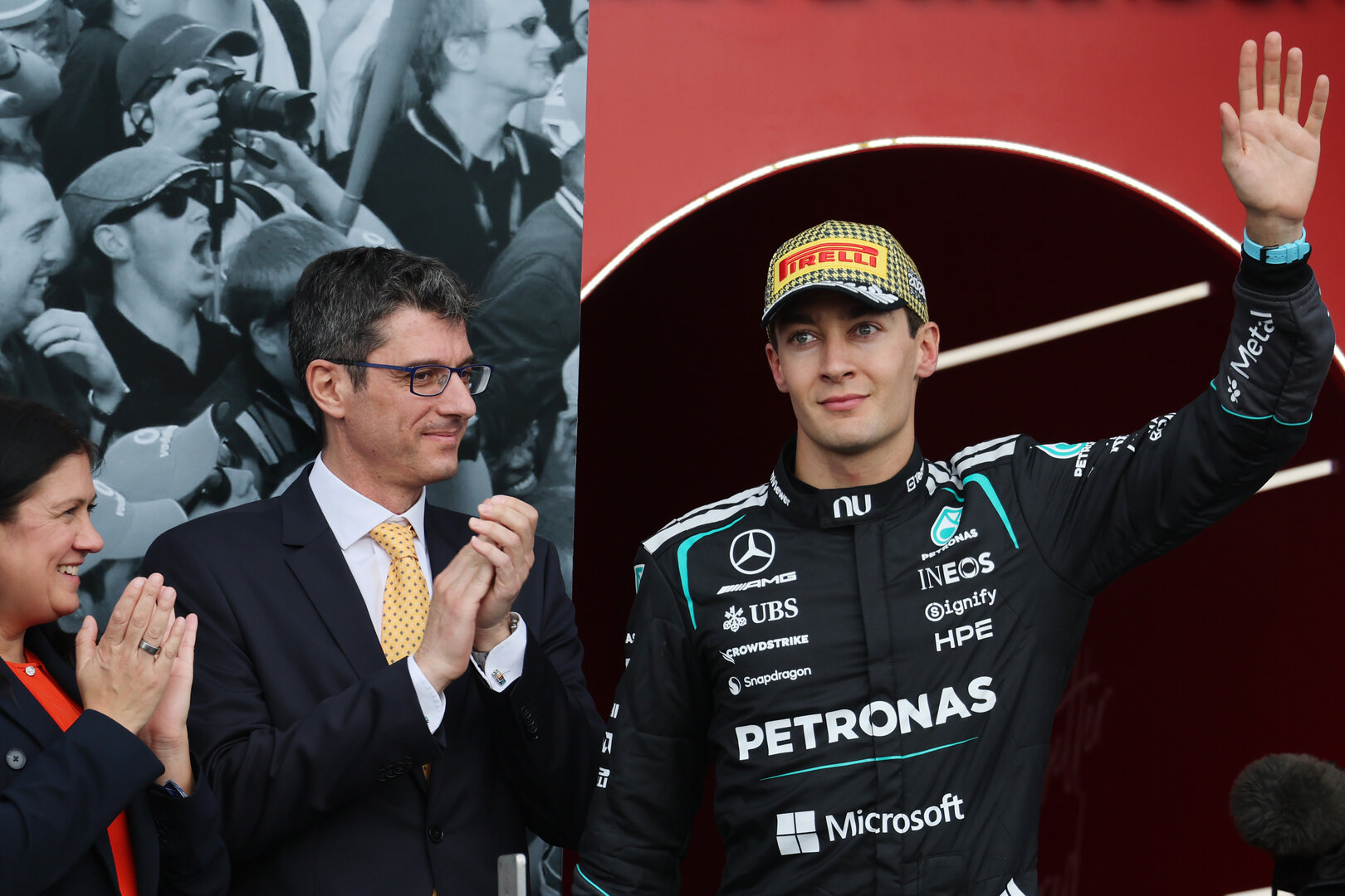 GP GRAN BRETAGNA, George Russell (GBR) Mercedes AMG Formula One Team celebrates his second position on the podium.
05.07.2026. Formula 1 World Championship, Rd 9, British Grand Prix, Silverstone, England, Gara Day.
- www.xpbimages.com, EMail: requests@xpbimages.com © Copyright: Moy / XPB Images