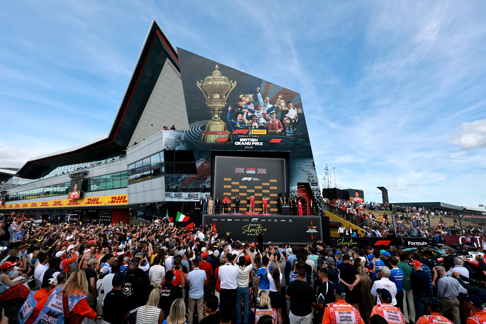 GP GRAN BRETAGNA, The podium (L to R): Bryan Bozzi (ITA) Ferrari Gara Engineer; George Russell (GBR) Mercedes AMG Formula One Team, second; Charles Leclerc (MON) Ferrari, vincitore; Lewis Hamilton (GBR) Ferrari, third.
05.07.2026. Formula 1 World Championship, Rd 9, British Grand Prix, Silverstone, England, Gara Day.
- www.xpbimages.com, EMail: requests@xpbimages.com © Copyright: Moy / XPB Images