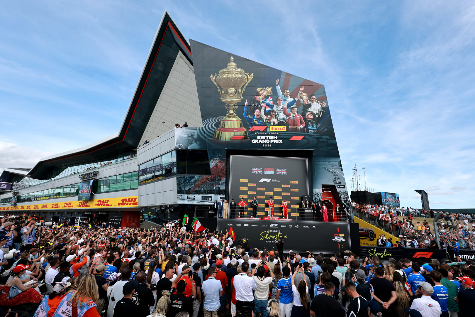 GP GRAN BRETAGNA, The podium (L to R): Bryan Bozzi (ITA) Ferrari Gara Engineer; George Russell (GBR) Mercedes AMG Formula One Team, second; Charles Leclerc (MON) Ferrari, vincitore; Lewis Hamilton (GBR) Ferrari, third.
05.07.2026. Formula 1 World Championship, Rd 9, British Grand Prix, Silverstone, England, Gara Day.
- www.xpbimages.com, EMail: requests@xpbimages.com © Copyright: Moy / XPB Images