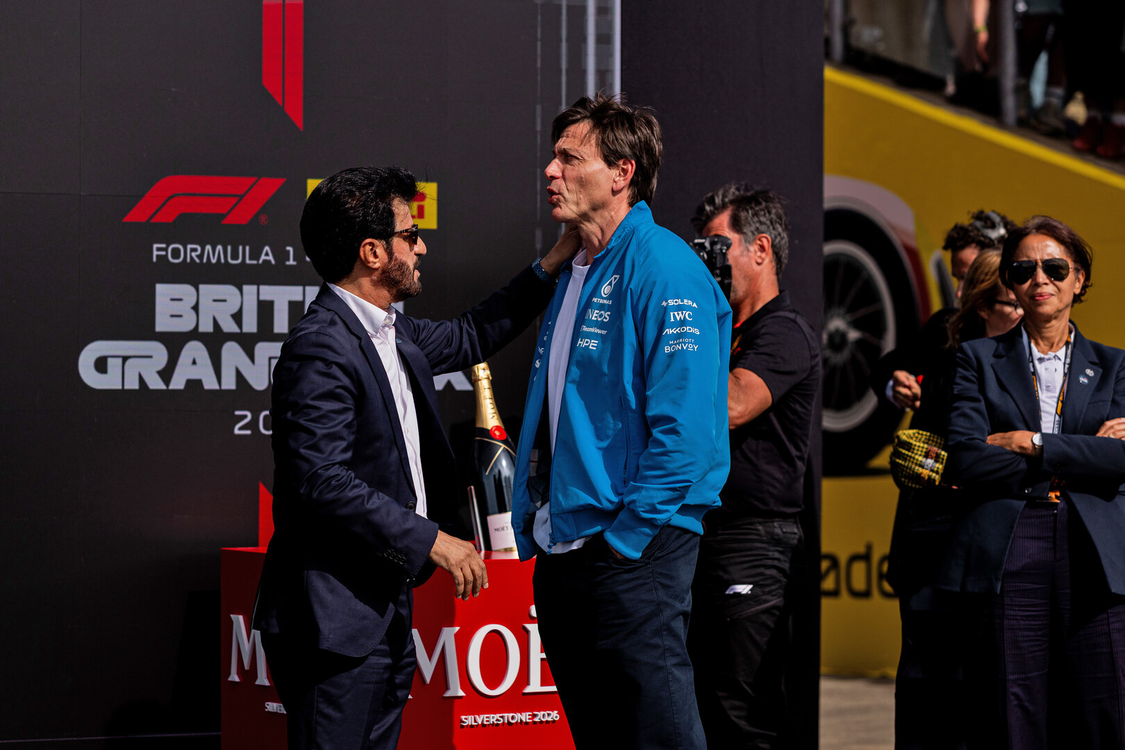 GP GRAN BRETAGNA, (L to R): Mohammed Bin Sulayem (UAE) FIA President with Toto Wolff (GER) Mercedes AMG Formula One Team Shareholder e Executive Director in parc ferme.
05.07.2026. Formula 1 World Championship, Rd 9, British Grand Prix, Silverstone, England, Gara Day.
 - www.xpbimages.com, EMail: requests@xpbimages.com © Copyright: Denny / XPB Images