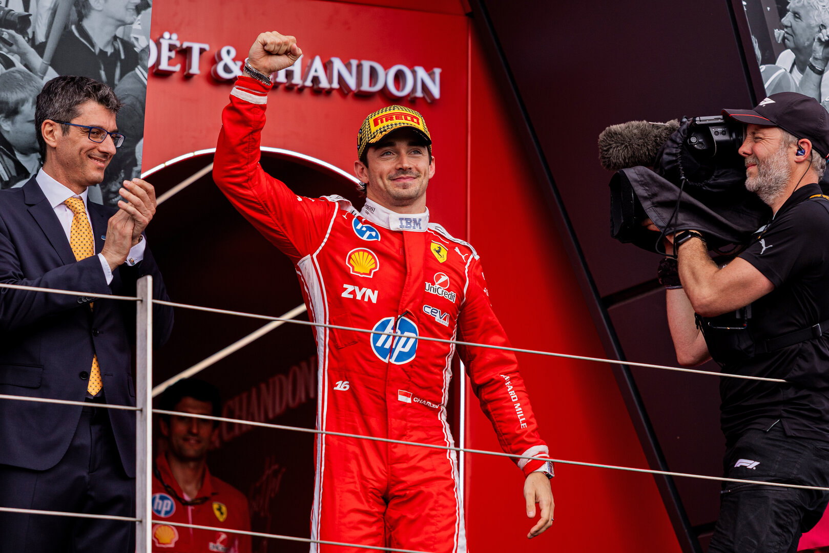 GP GRAN BRETAGNA, Gara winner Charles Leclerc (MON) Ferrari celebrates on the podium.
05.07.2026. Formula 1 World Championship, Rd 9, British Grand Prix, Silverstone, England, Gara Day.
 - www.xpbimages.com, EMail: requests@xpbimages.com © Copyright: Denny / XPB Images