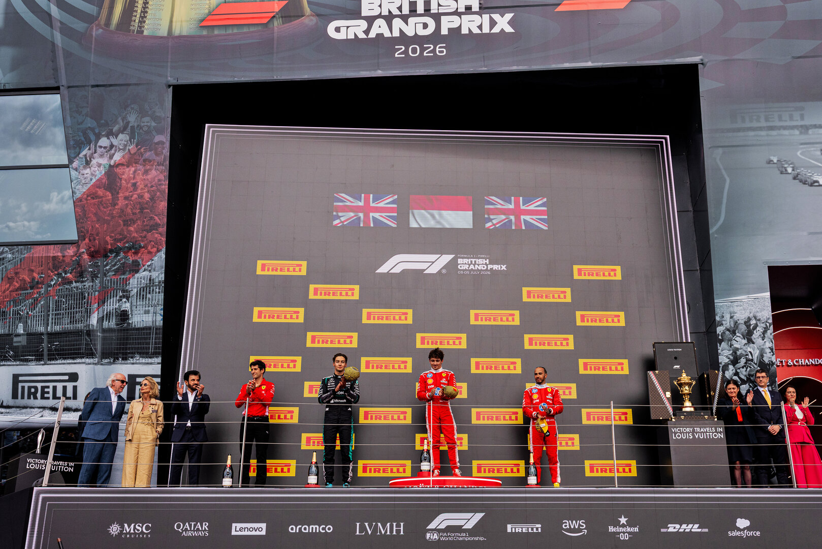 GP GRAN BRETAGNA, The podium (L to R): Bryan Bozzi (ITA) Ferrari Gara Engineer; George Russell (GBR) Mercedes AMG Formula One Team, second; Charles Leclerc (MON) Ferrari, vincitore; Lewis Hamilton (GBR) Ferrari, third.
05.07.2026. Formula 1 World Championship, Rd 9, British Grand Prix, Silverstone, England, Gara Day.
- www.xpbimages.com, EMail: requests@xpbimages.com © Copyright: Denny / XPB Images