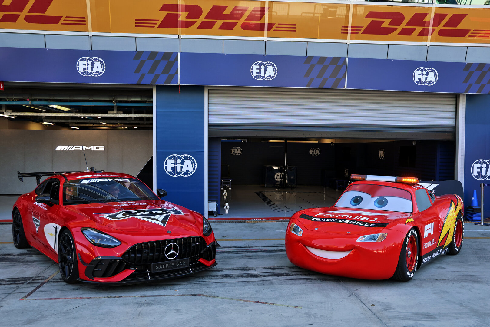 GP ITALIA, (L to R): The Cars Branded Mercedes FIA Safety Car with Lightning McQueen (USA) Stock Car.
03.09.2026. Formula 1 World Championship, Rd 13, Italian Grand Prix, Monza, Italy, Preparation Day.
- www.xpbimages.com, EMail: requests@xpbimages.com © Copyright: Batchelor / XPB Images