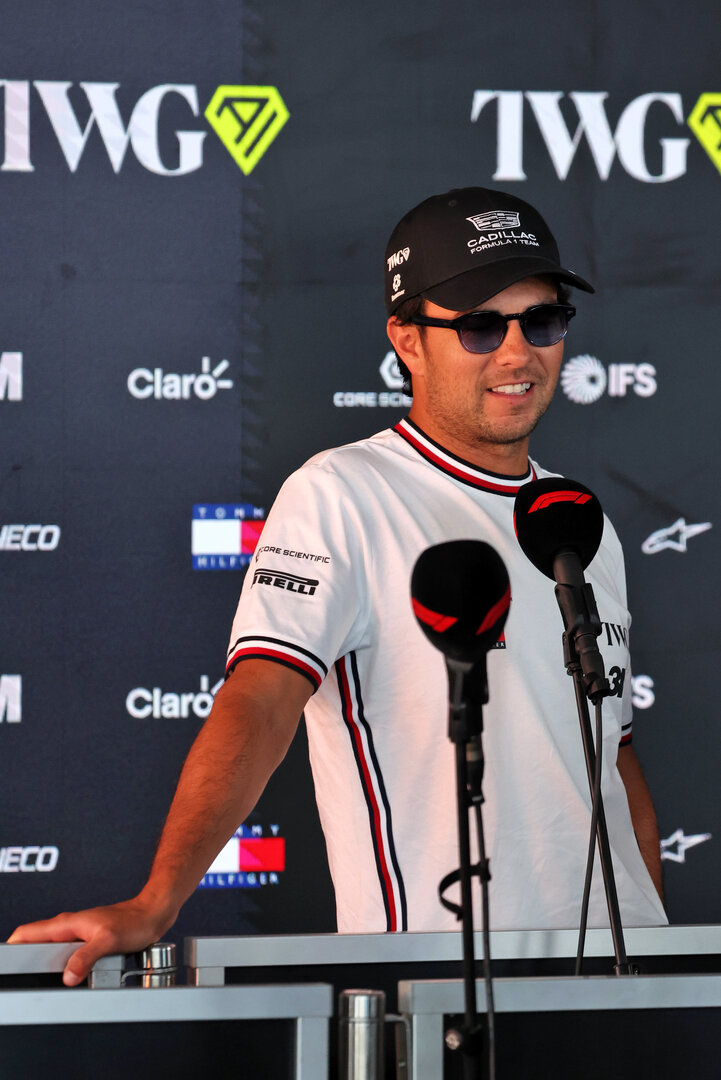 GP ITALIA, Sergio Perez (MEX) Cadillac Formula 1 Team with the media.
03.09.2026. Formula 1 World Championship, Rd 13, Italian Grand Prix, Monza, Italy, Preparation Day.
- www.xpbimages.com, EMail: requests@xpbimages.com © Copyright: Bearne / XPB Images